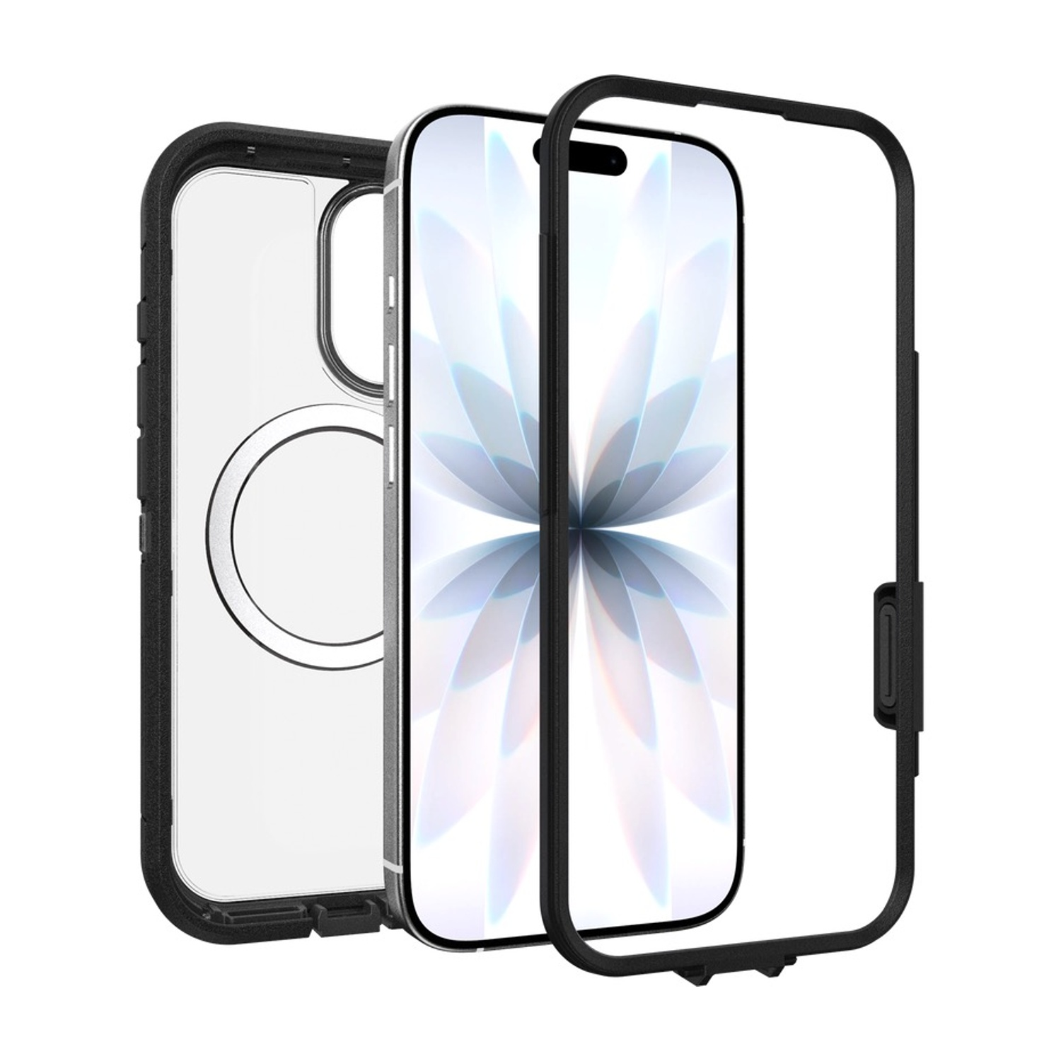 Custodia trasparente per telefono con cornice nera, che mostra uno smartphone.