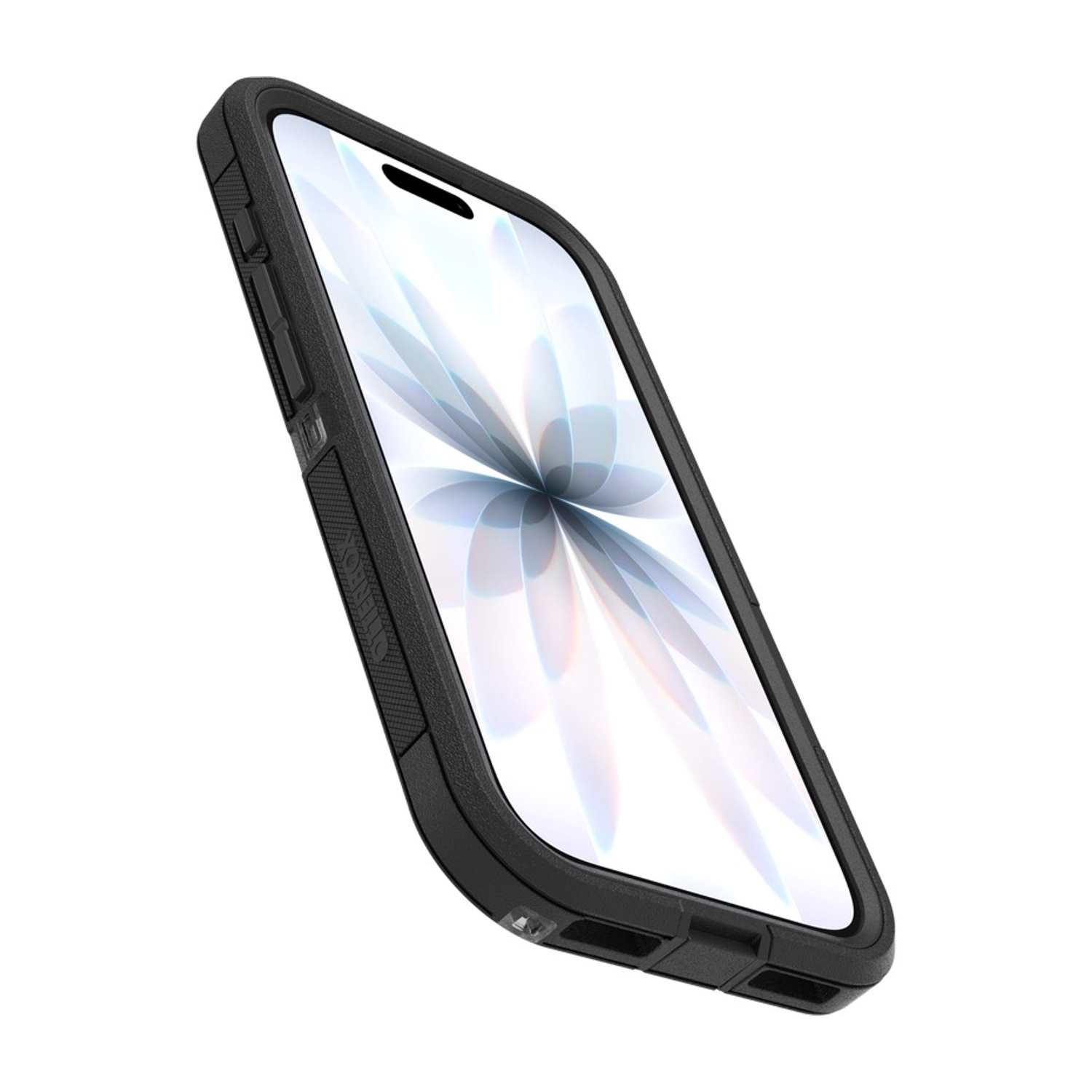 Smartphone nero in custodia protettiva, vista angolata dall'alto.