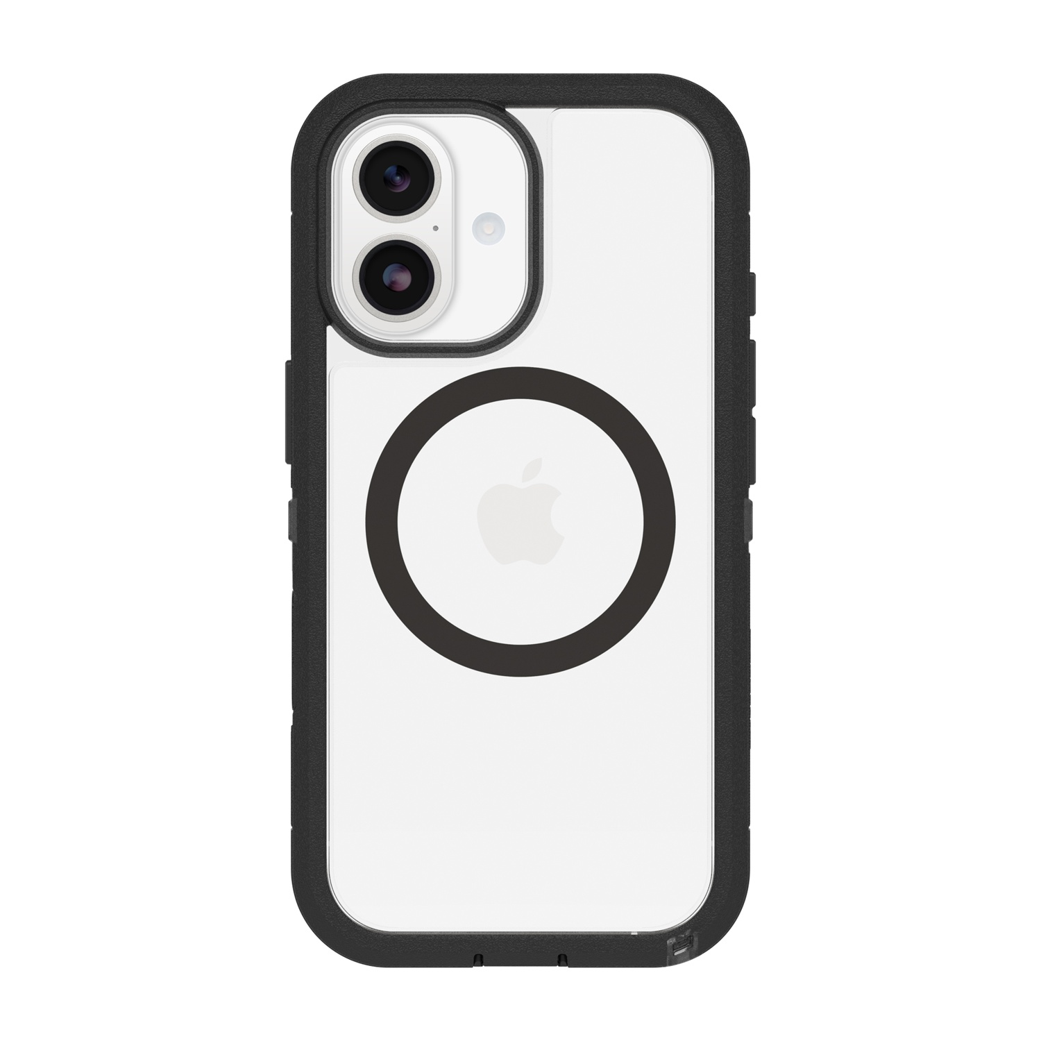 Custodia nera con retro trasparente per iPhone, logo Apple visibile.