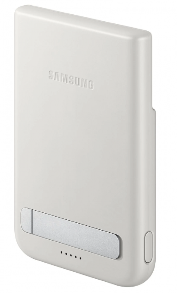 Fehér Samsung külső akkumulátor töltésjelző LED-ekkel és ezüst lábbal.