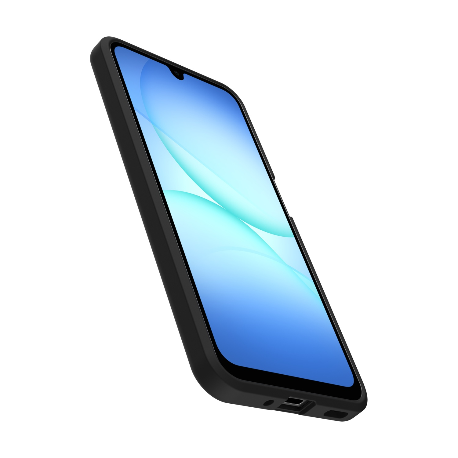 Uno smartphone nero con uno sfondo blu e ondulato.