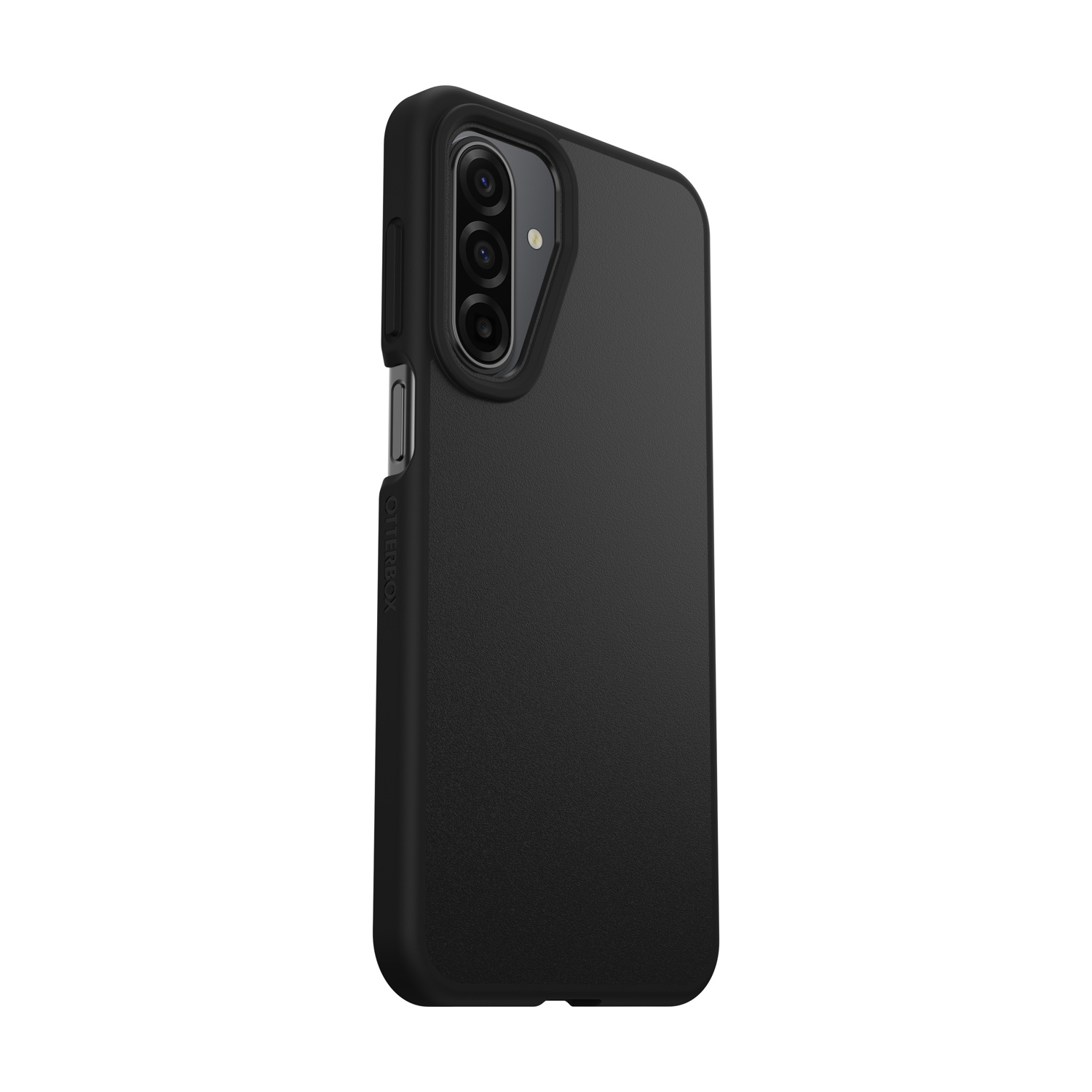 Custodia nera per telefono con ritaglio tripla fotocamera e logo Otterbox.
