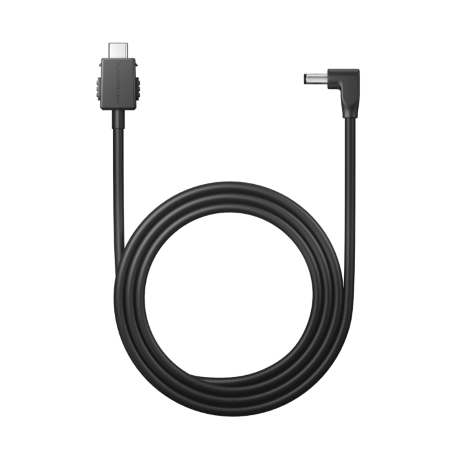 Cavo USB-C a DC nero con connettori a 90 gradi.