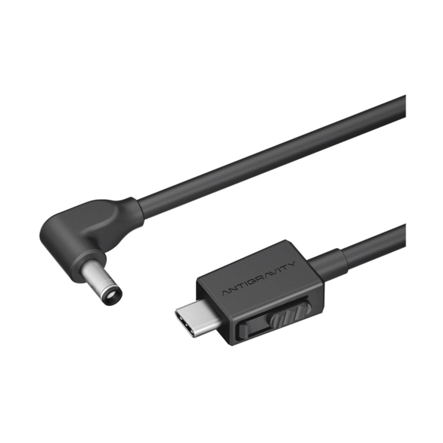 Un cavo nero con spina angolata e connettore USB-C.