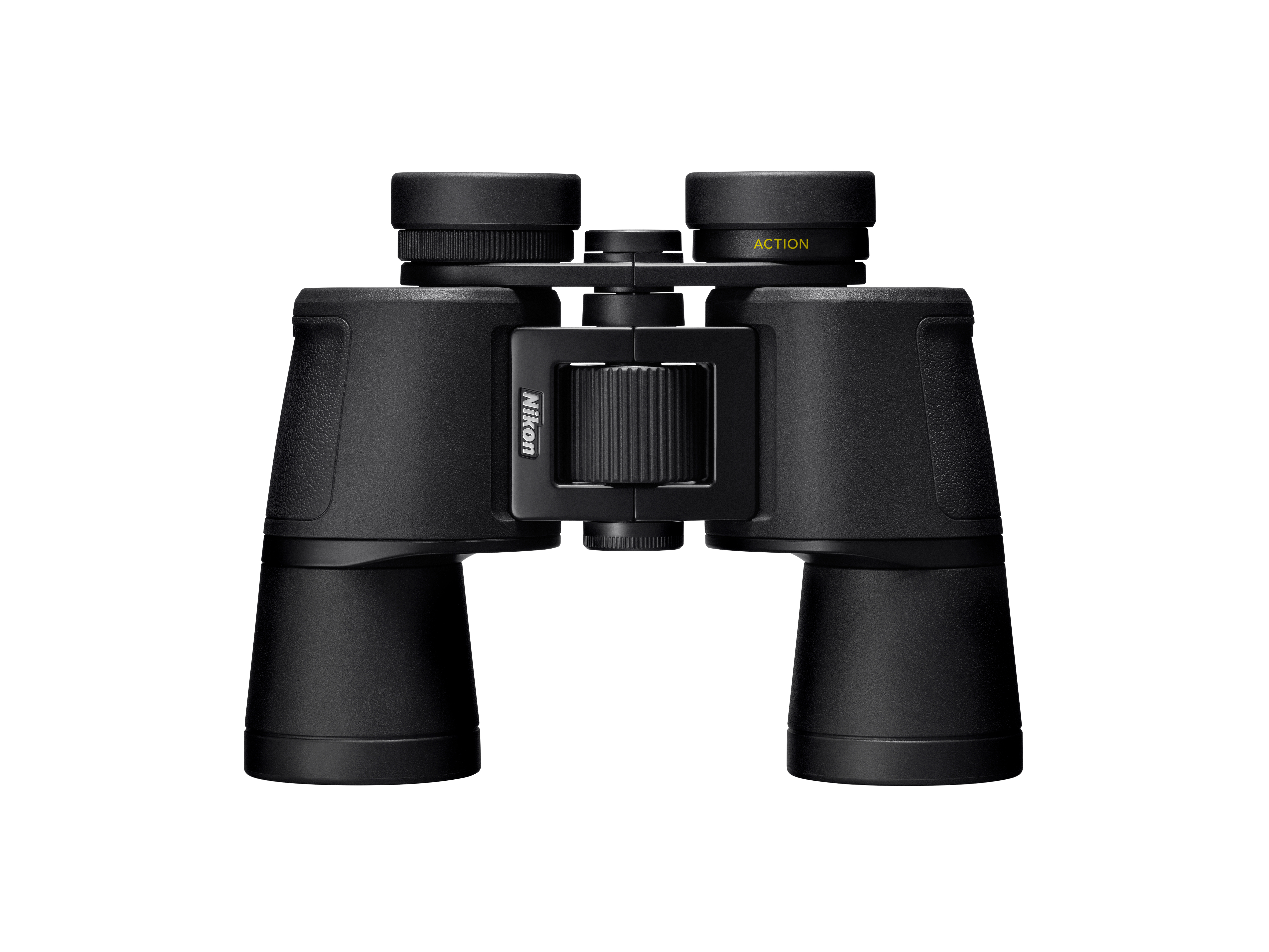 Schwarze Nikon Fernglas mit Fokusrad und gelbem Schriftzug.