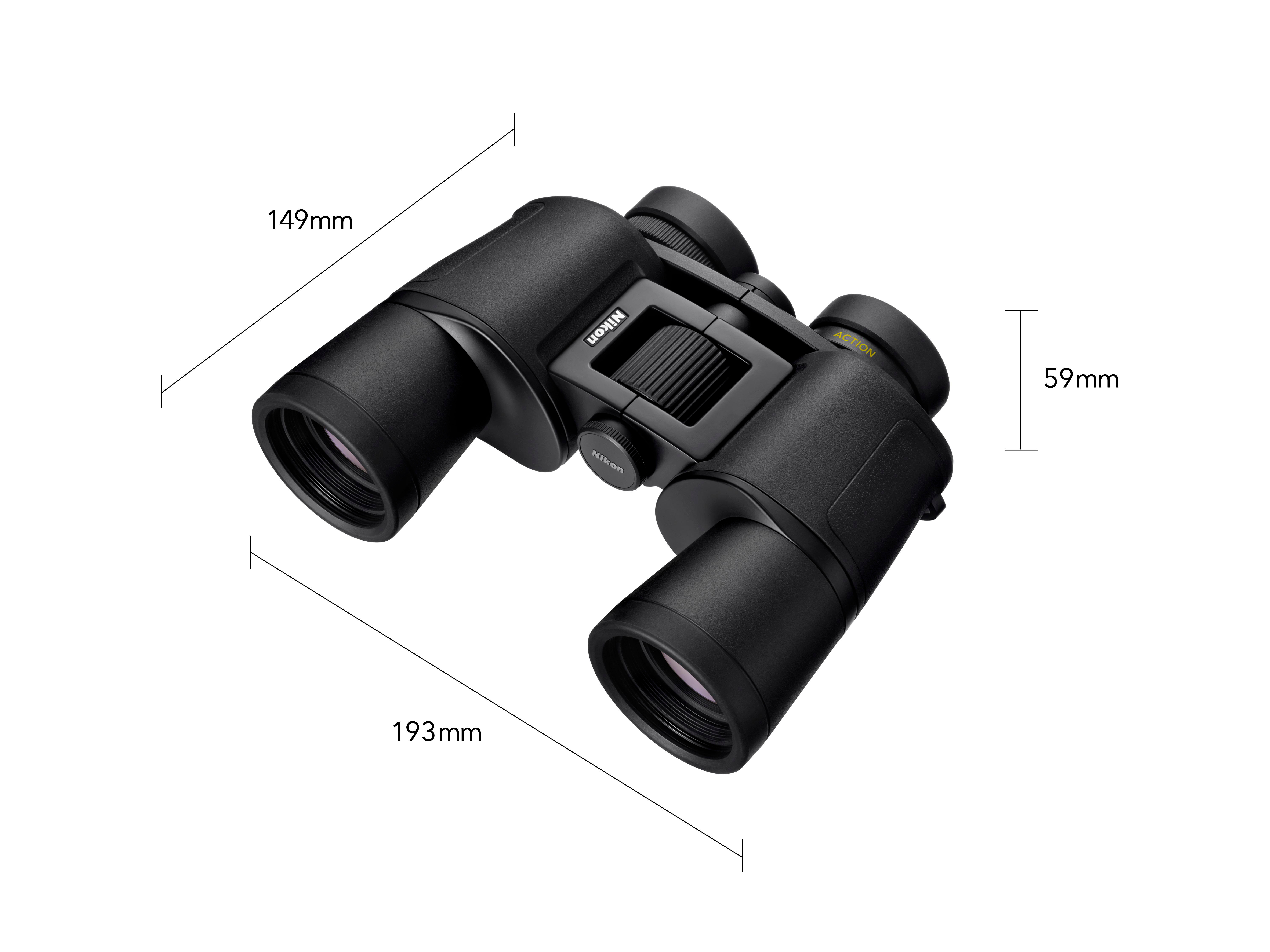 Schwarze Nikon Fernglas mit Maßangaben 149mm, 59mm und 193mm.