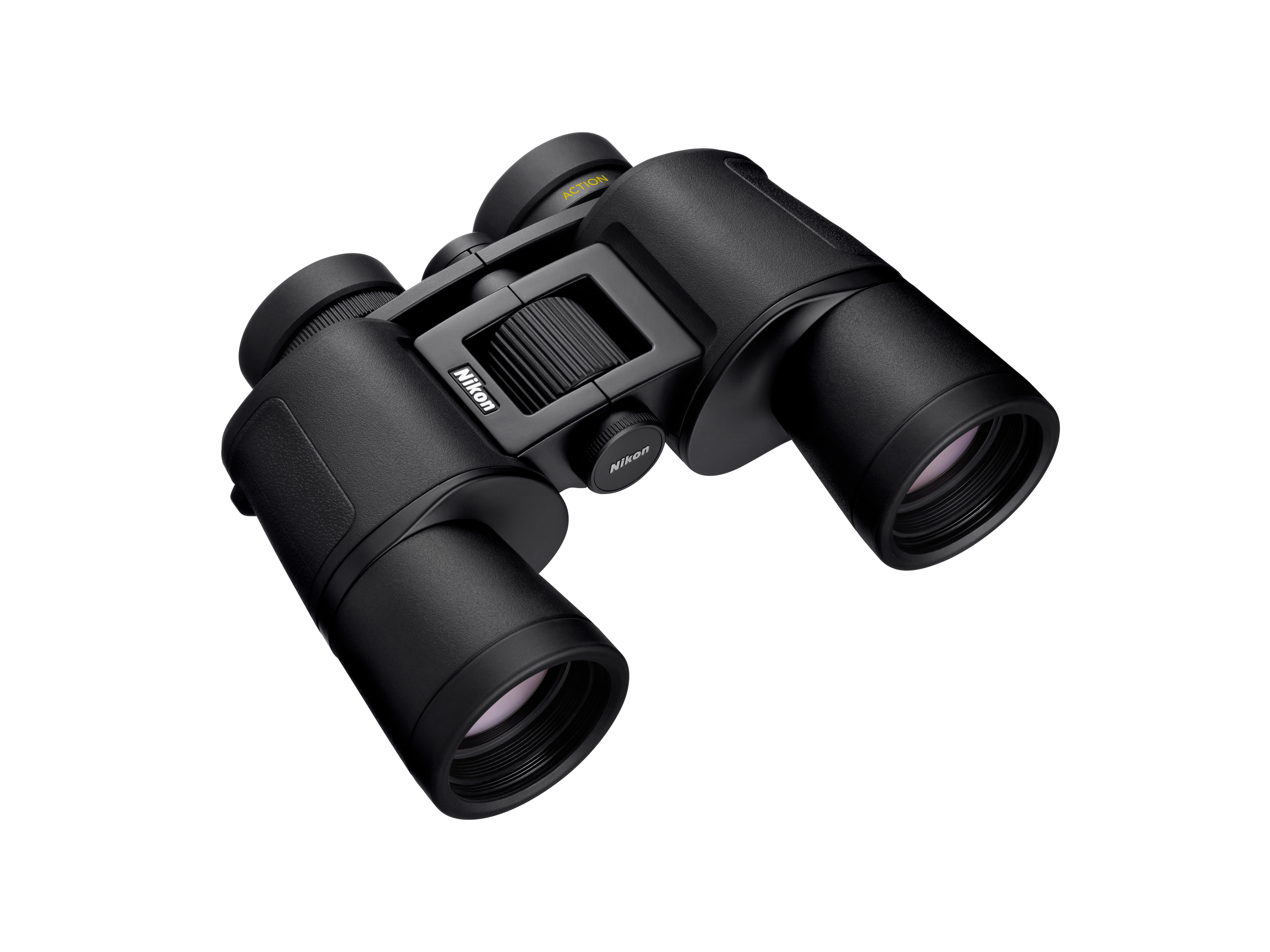 Schwarze Nikon-Ferngläser mit silbernem Fokusrad und gelbem Schriftzug.