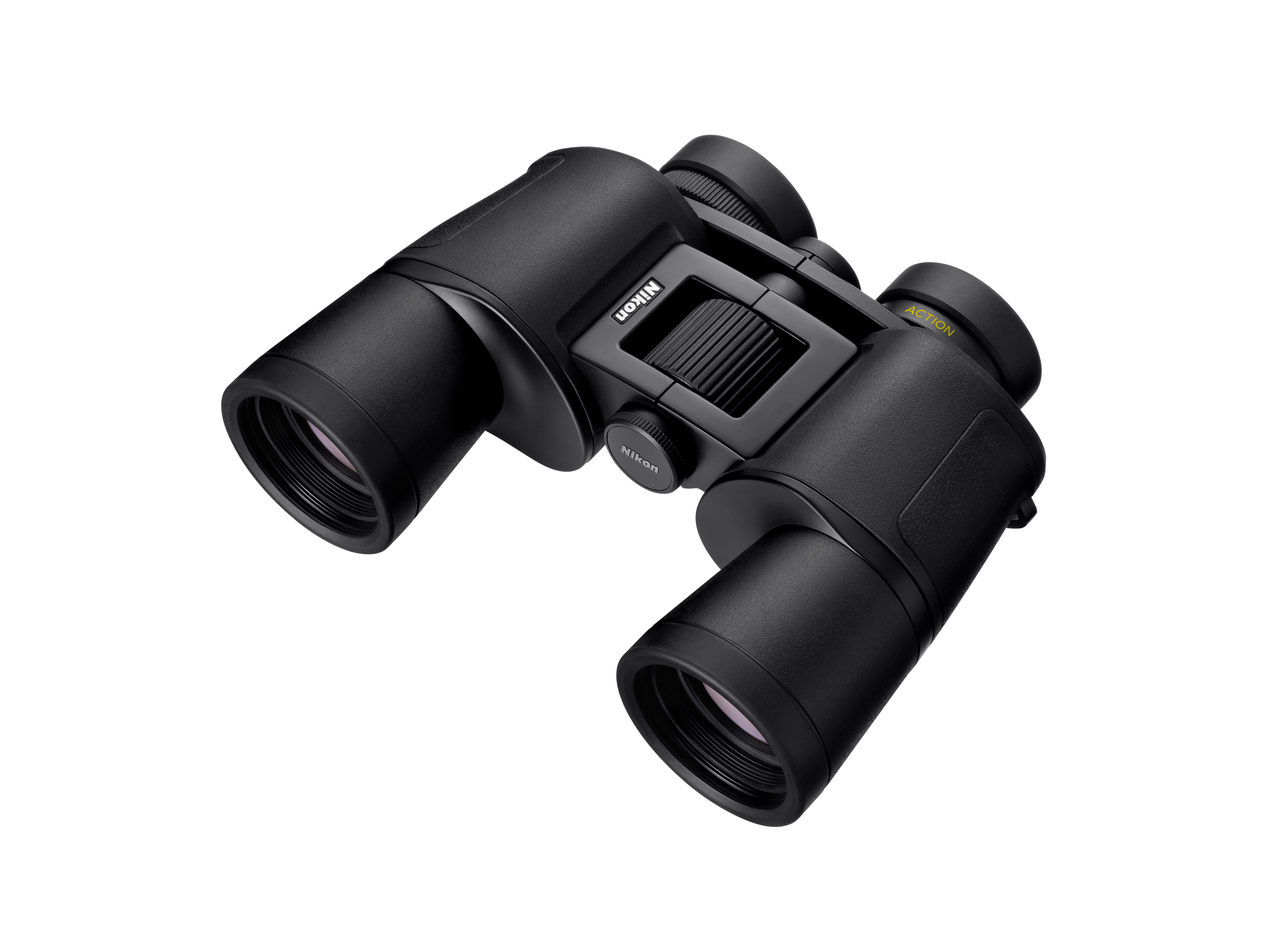 Schwarze Nikon Fernglas mit Fokusrad und Objektivdeckel.