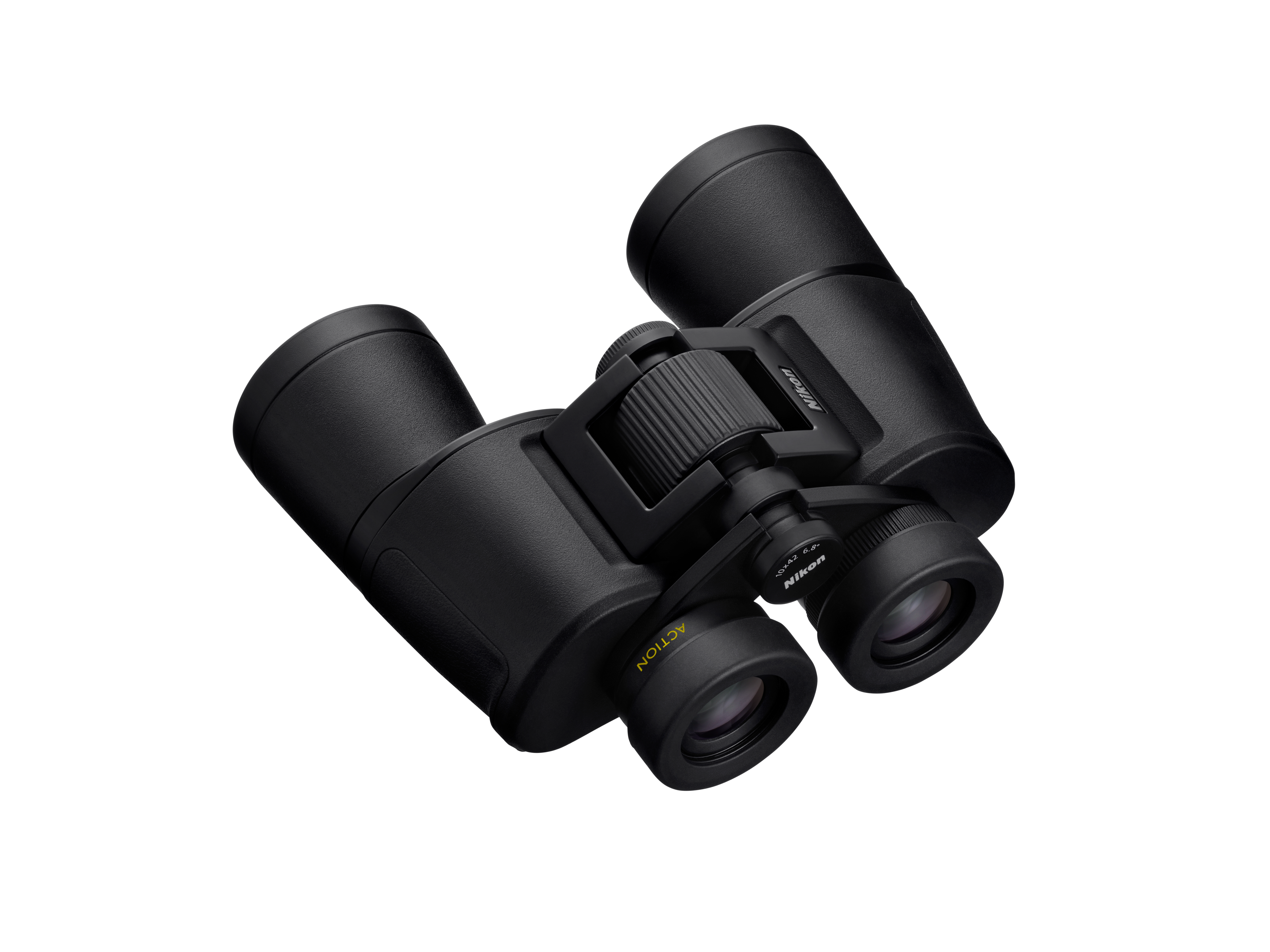 Schwarze Nikon-Ferngläser mit Fokusrad und Objektivdeckeln.