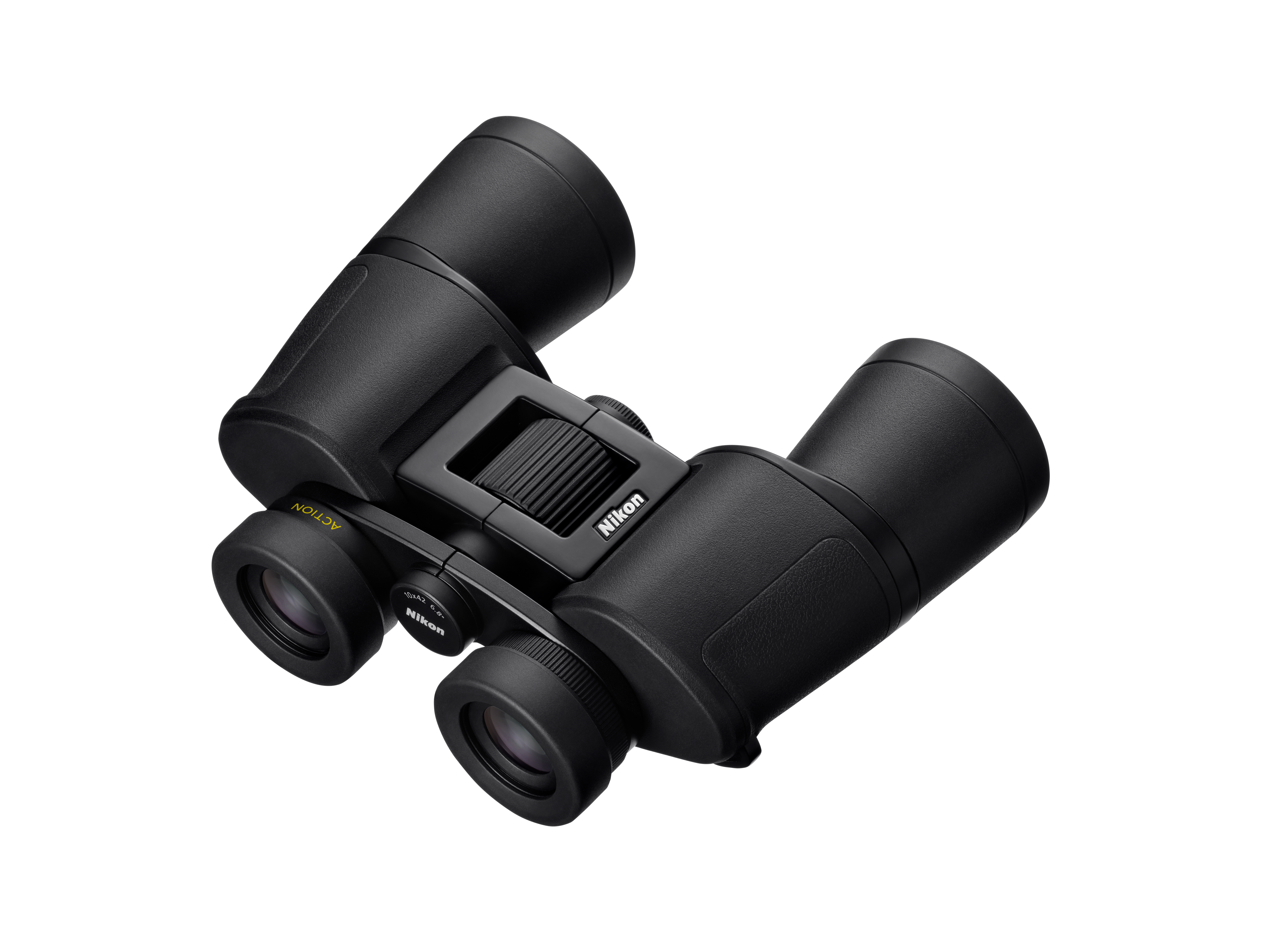 Schwarze Nikon Ferngläser mit Fokusrad und Objektivdeckeln auf weißem Hintergrund.