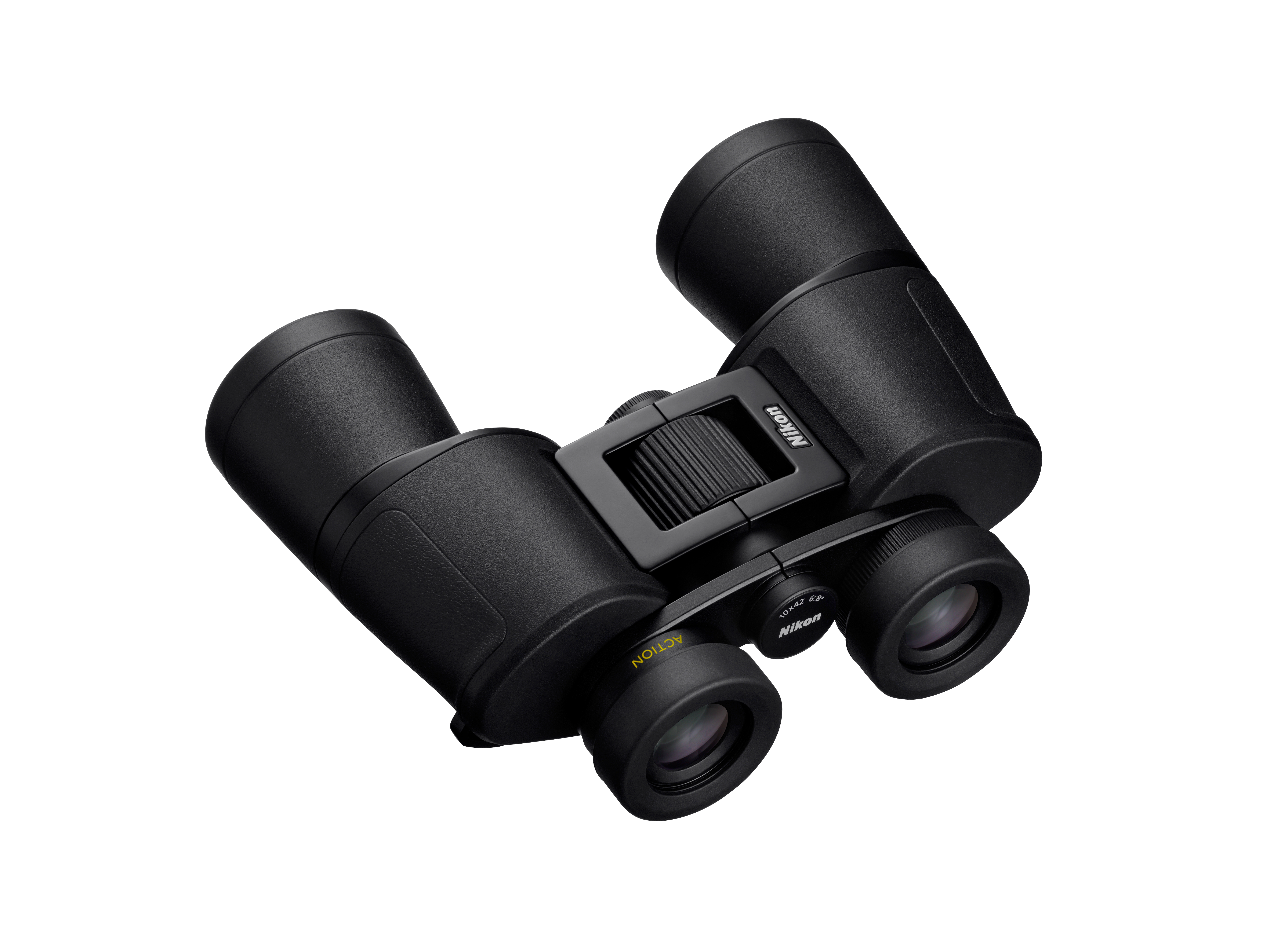 Schwarze Nikon Fernglas mit Fokussierrad und gelbem Schriftzug.