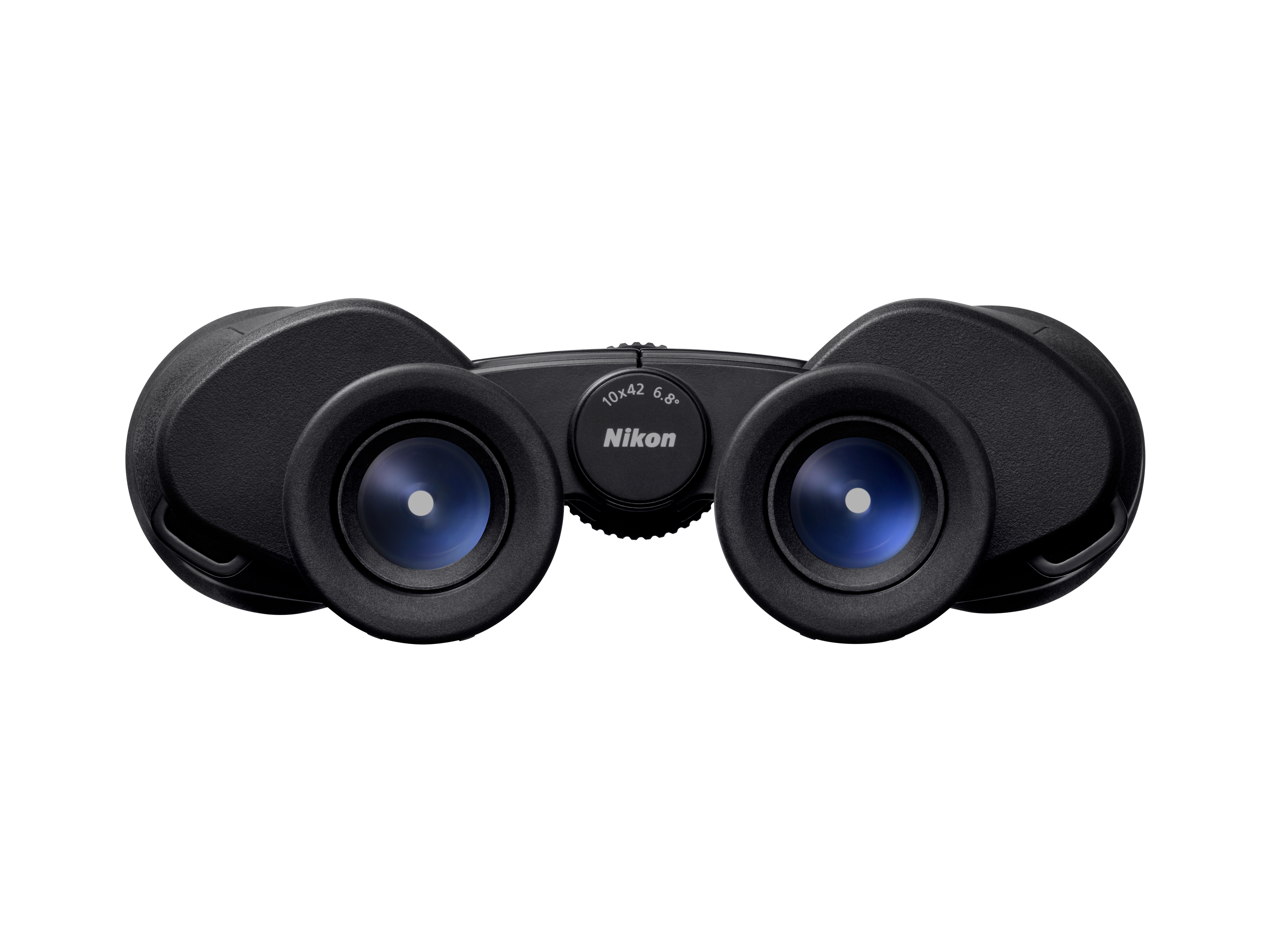 Schwarze Nikon Fernglas mit blauen Linsen, auf weißem Hintergrund.