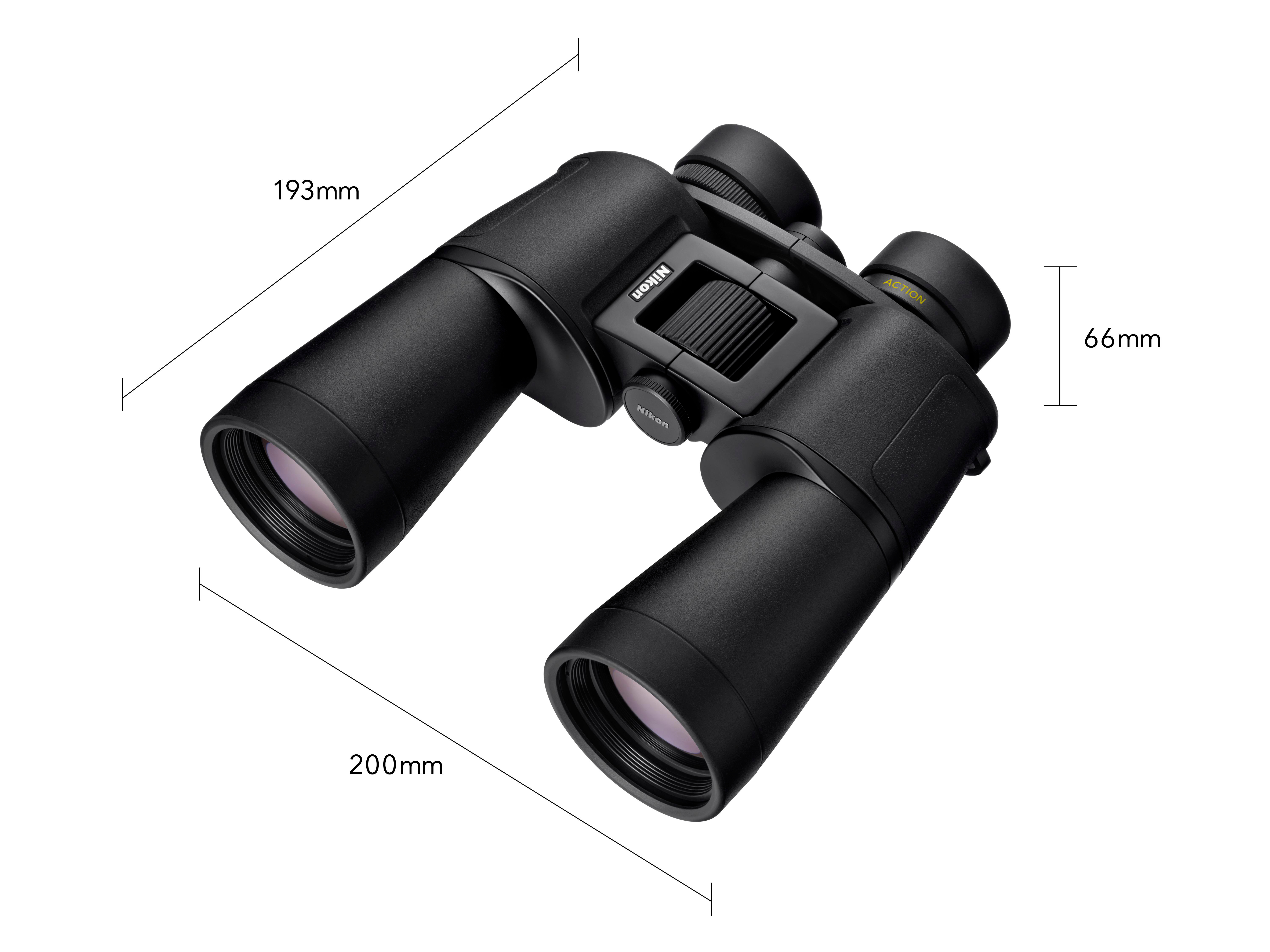 Schwarze Nikon Action Fernglas mit Maßangaben von 193mm, 200mm und 66mm.