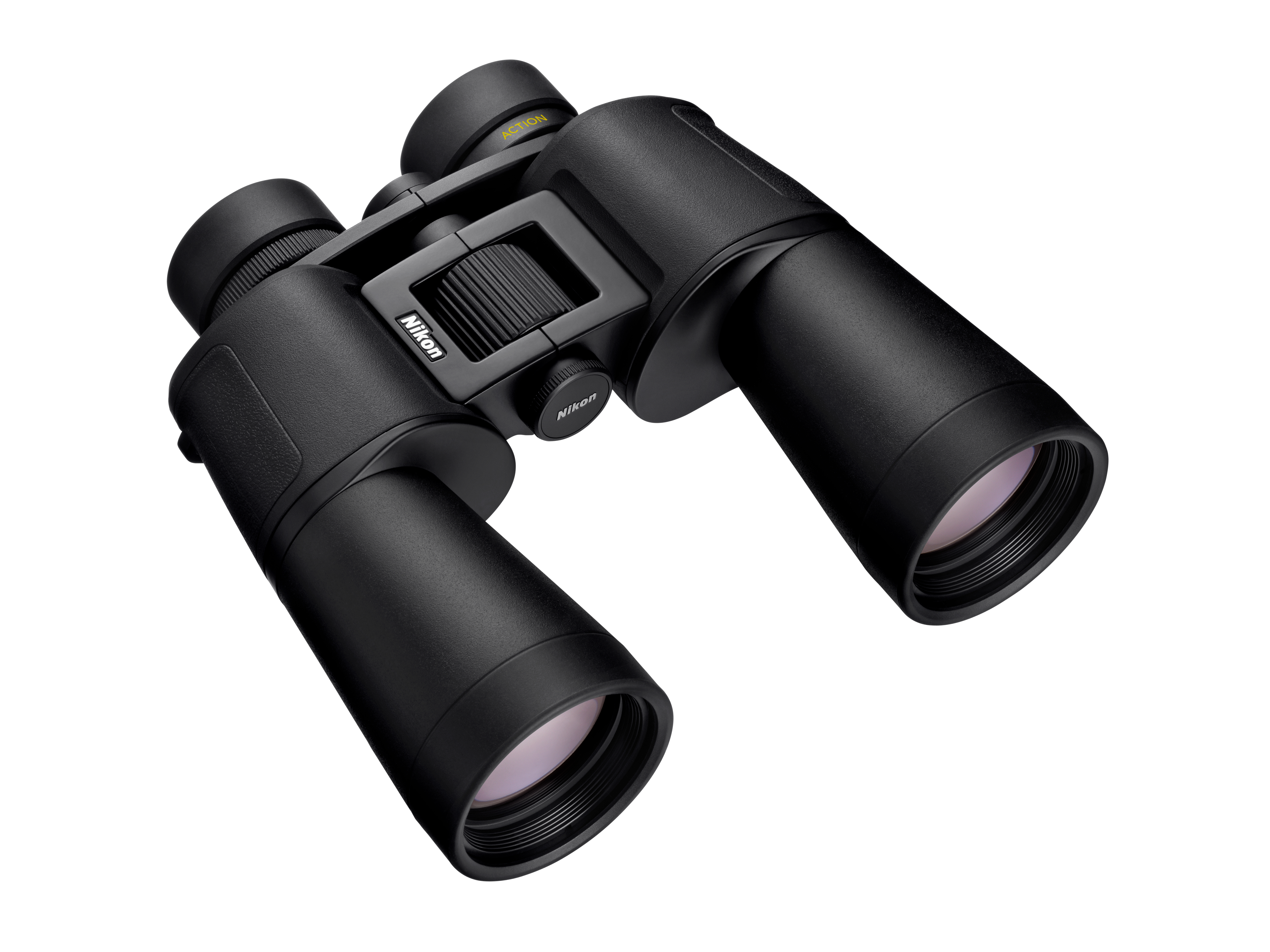 Schwarze Nikon Fernglas mit Fokussierrad und gelbem Text.