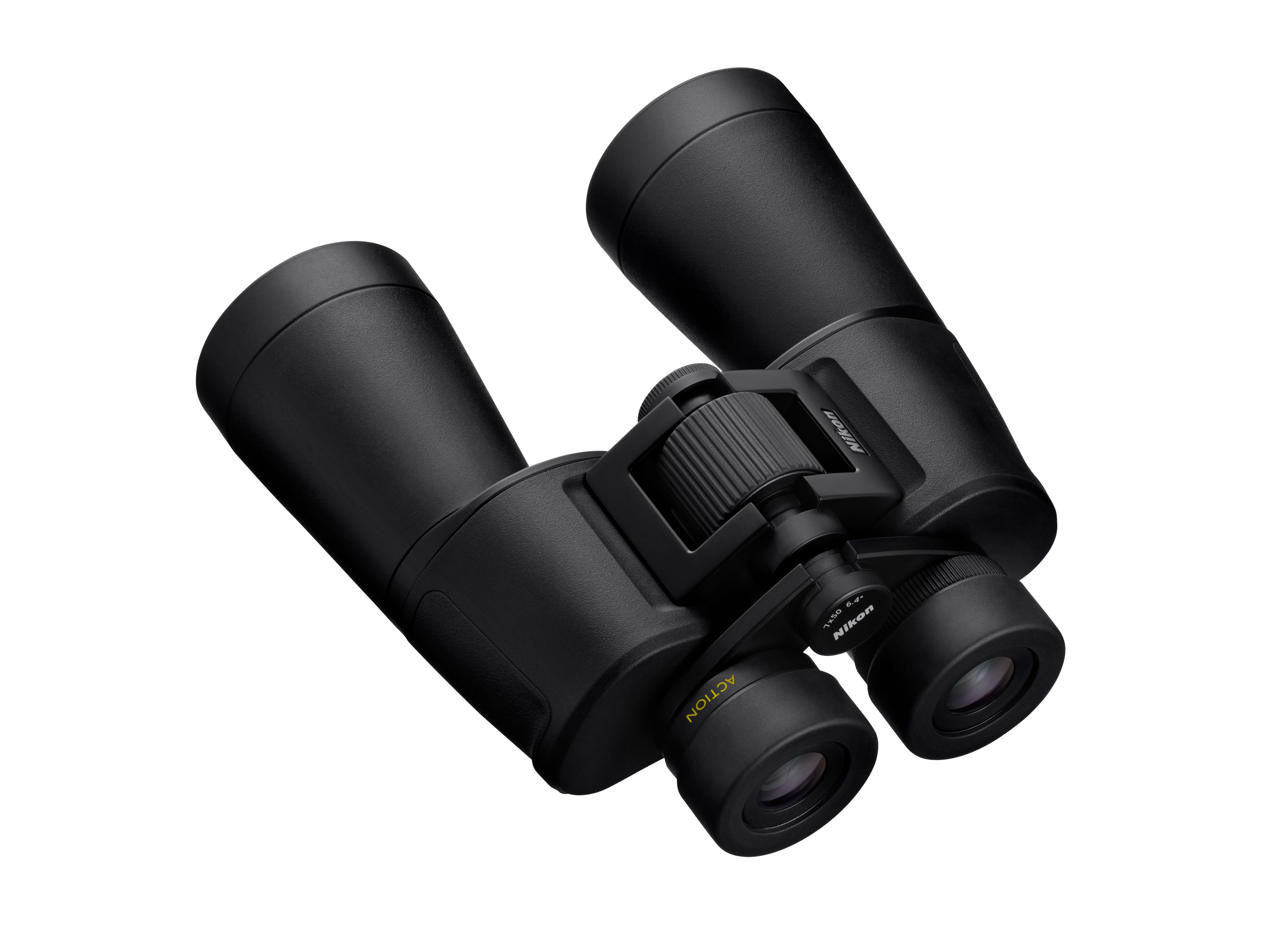 Schwarze Nikon Fernglas mit Fokusrad und Beschriftung.