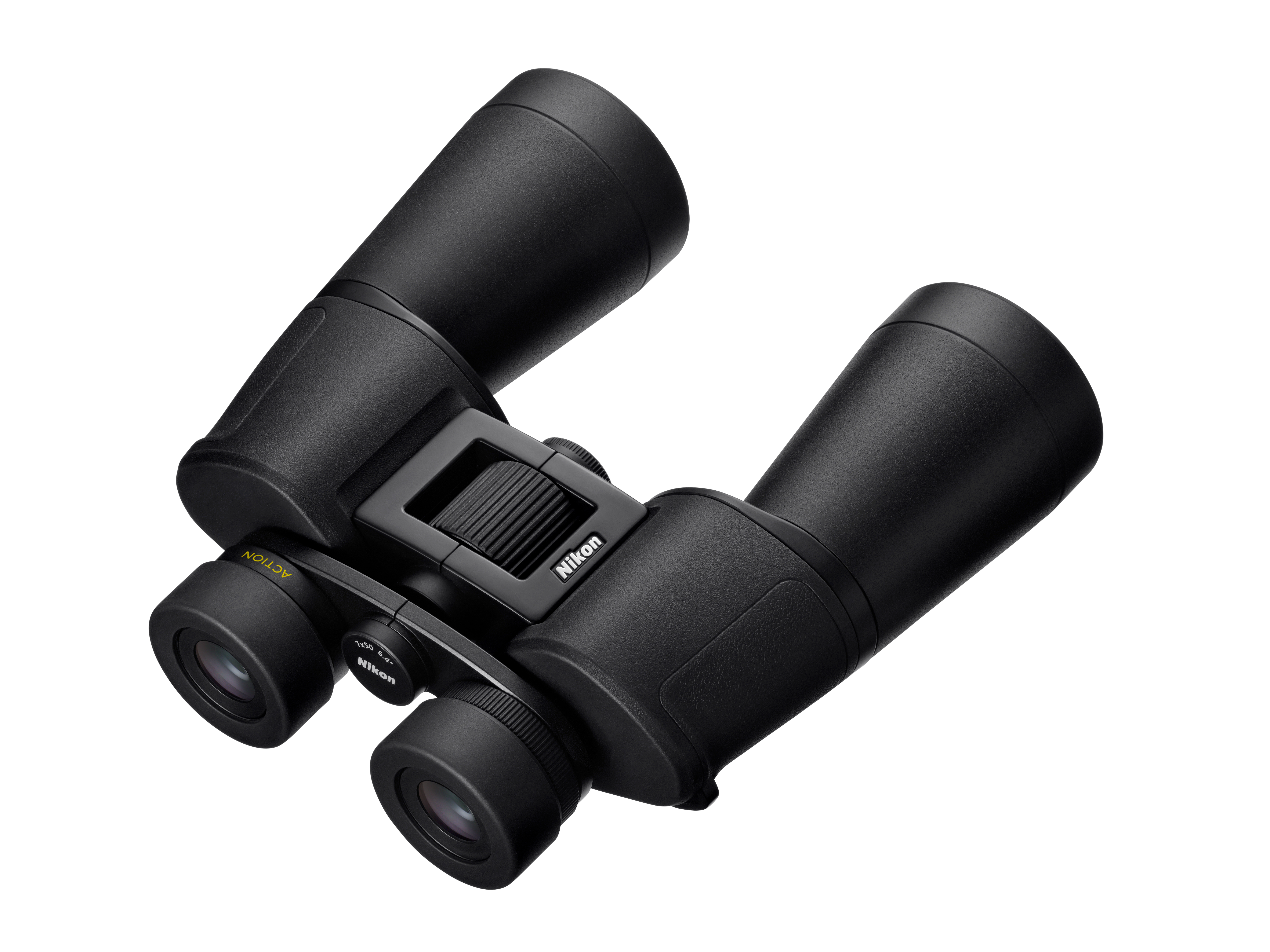 Schwarze Nikon Action Fernglas mit zentralem Fokusrad und Nikon-Branding.