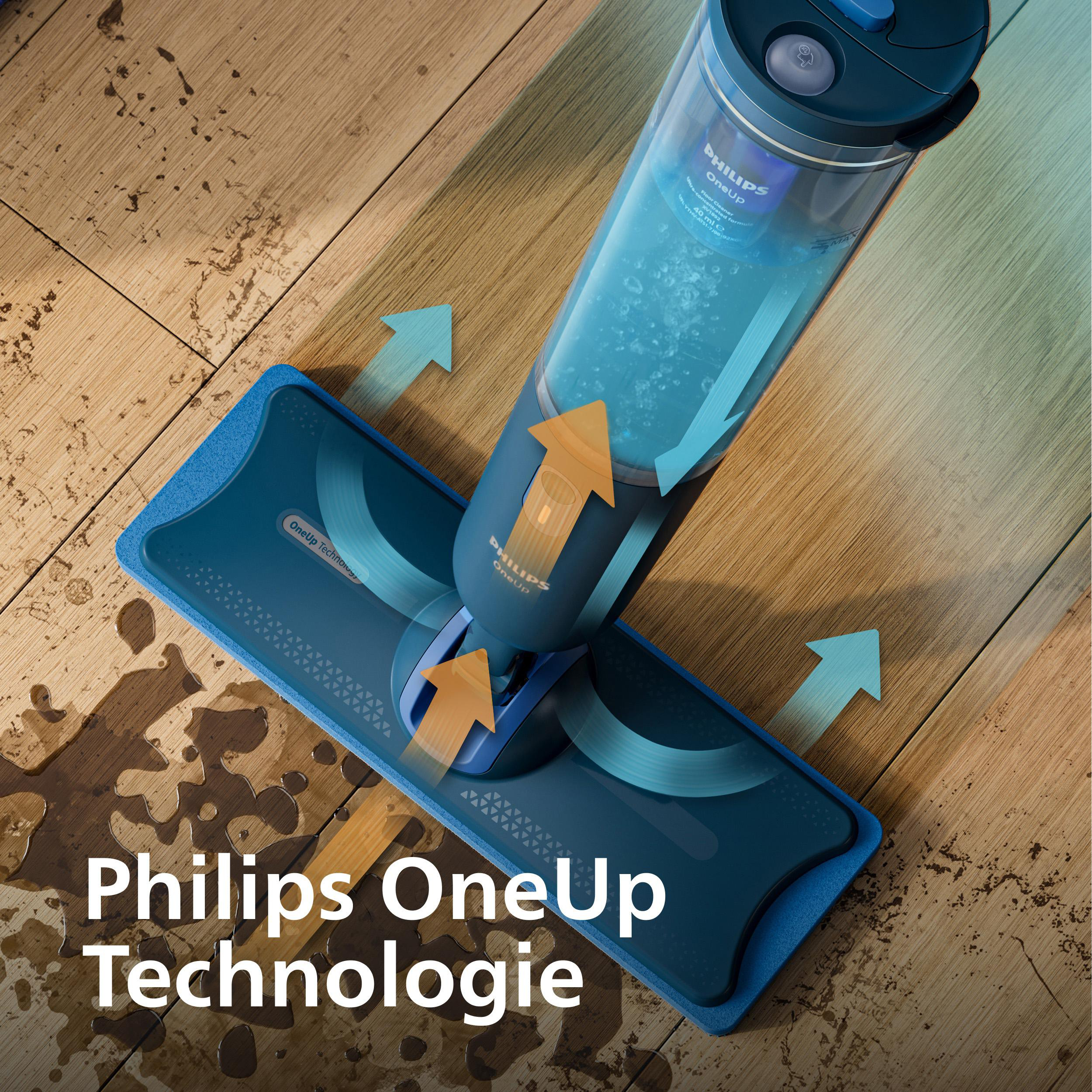 Ein blauer Philips OneUp Bodenreiniger auf Holzboden mit Wasserflecken und Pfeilen.