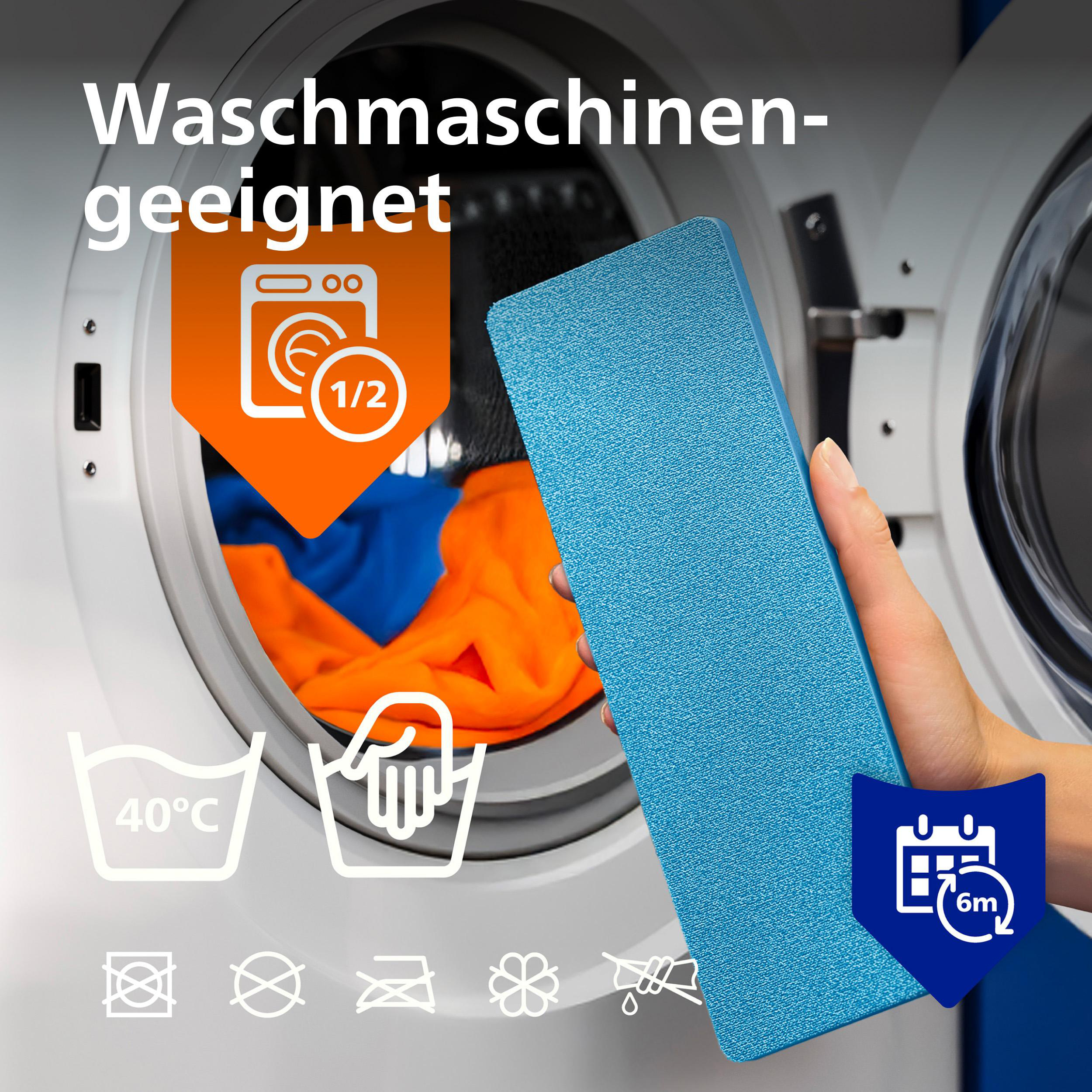 Waschmaschine mit orangefarbener und blauer Wäsche, blauem Tuch und Icons.