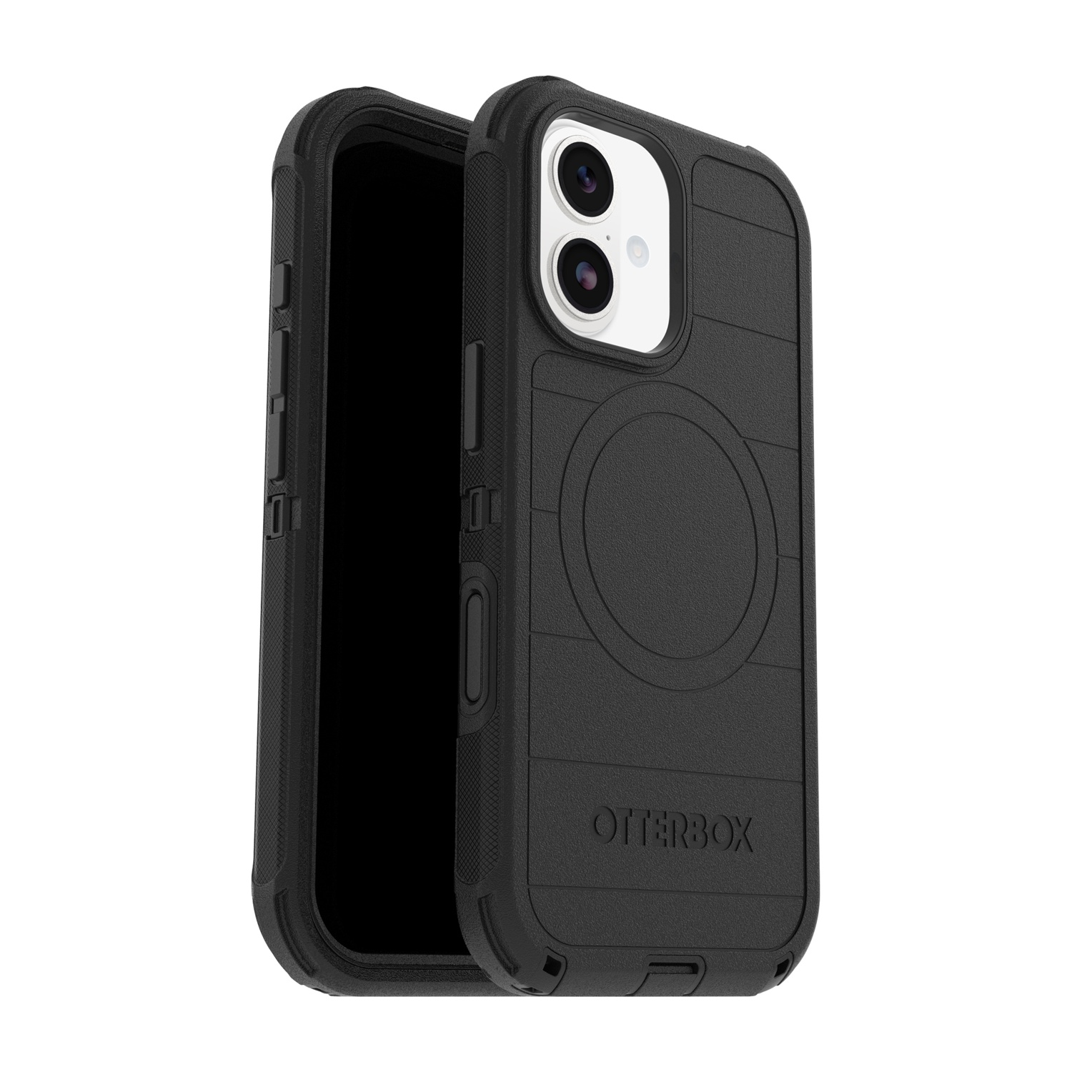 Custodia nera OtterBox per iPhone, con fotocamere e anello.