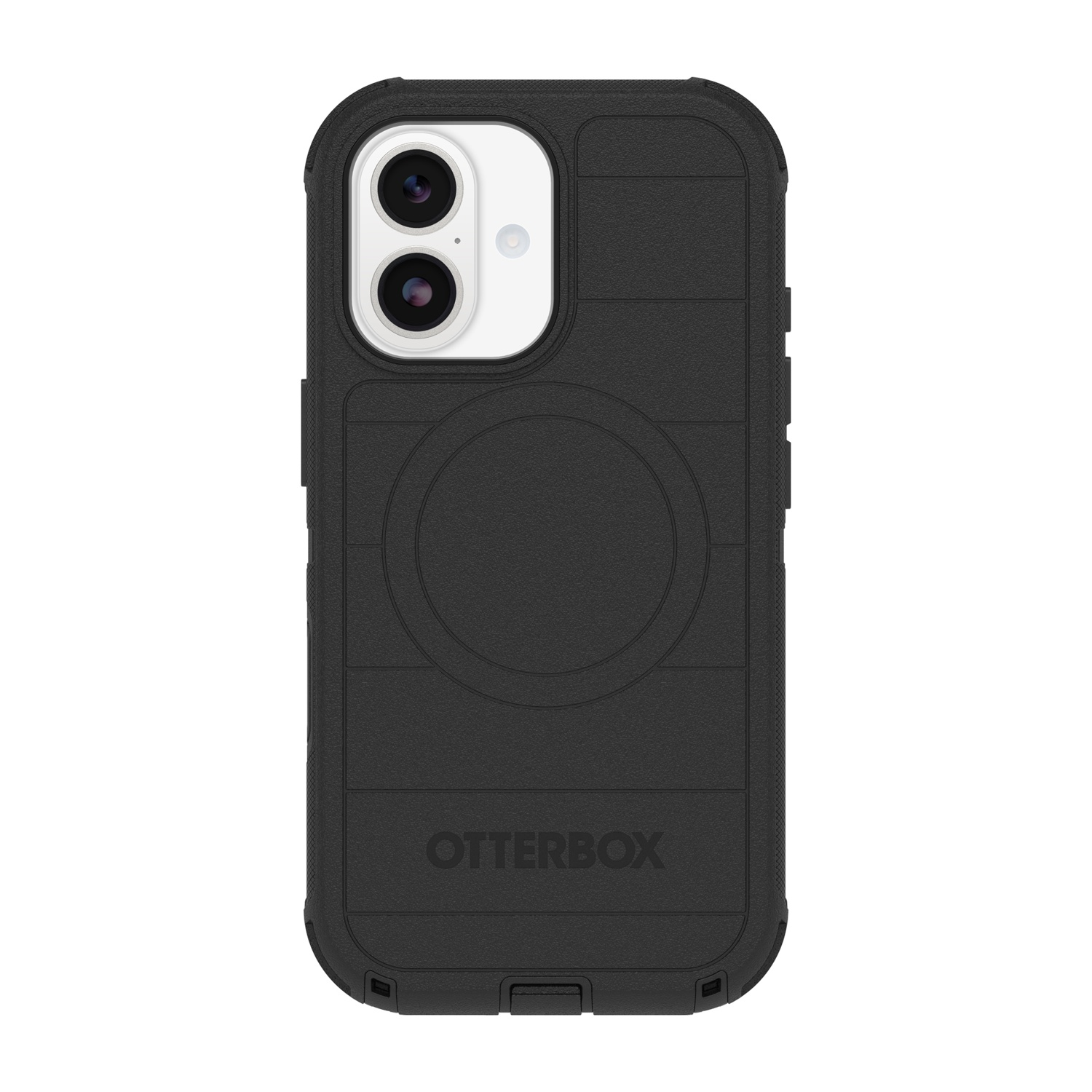 Custodia Otterbox nera per iPhone con ritaglio fotocamera e logo.