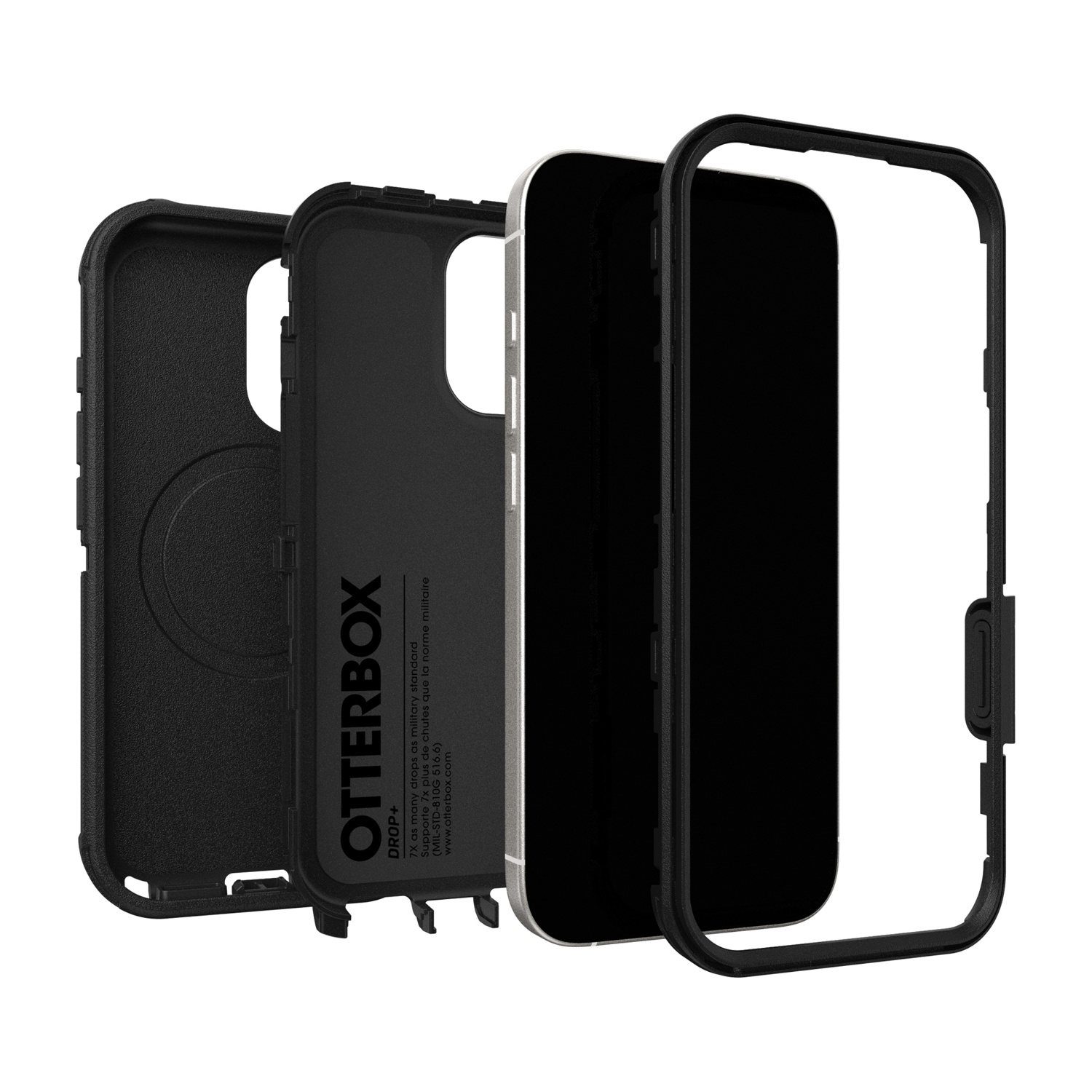 Custodia Otterbox nera in tre parti smontate con telefono argentato.