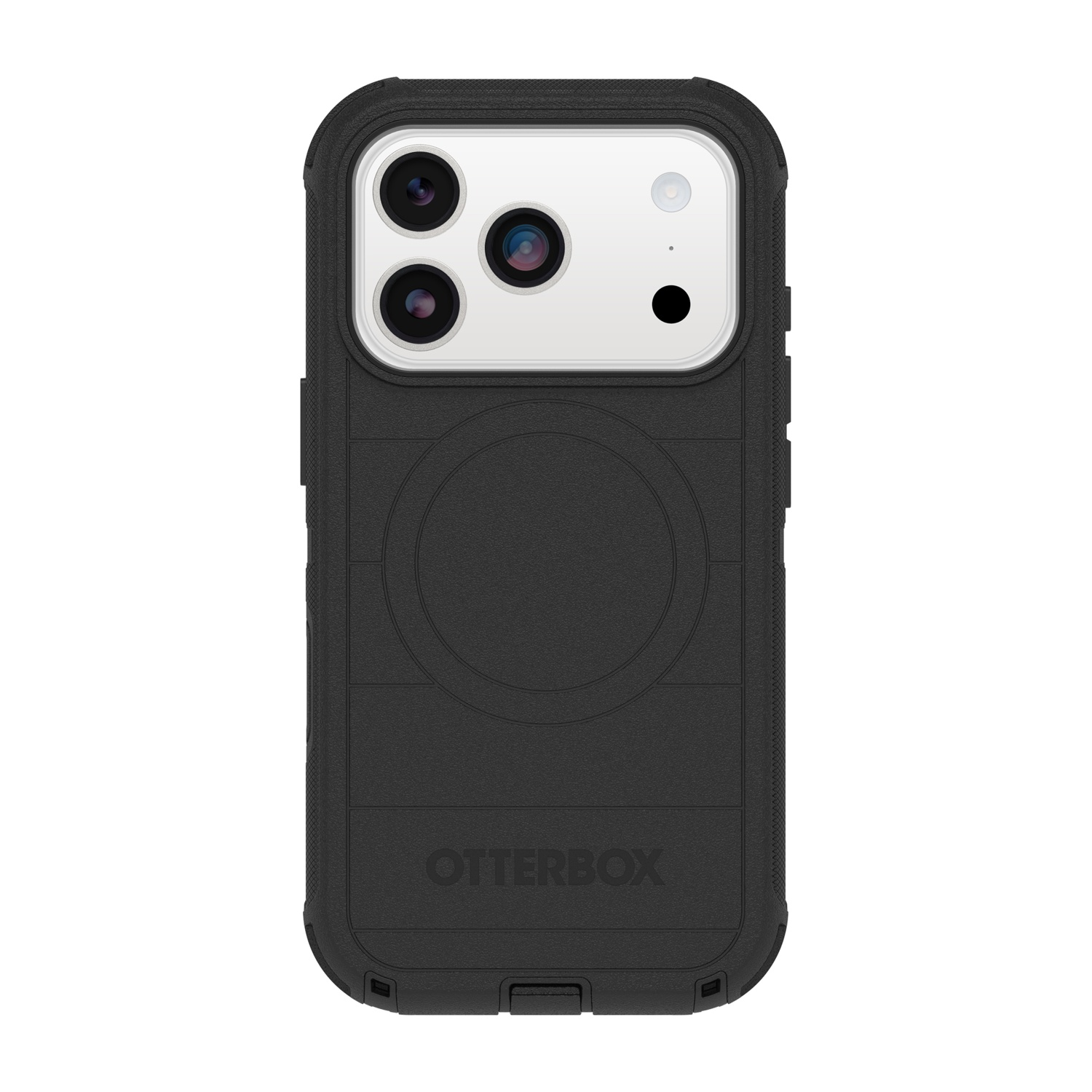 Custodia nera per iPhone con tre fotocamere e logo Otterbox.