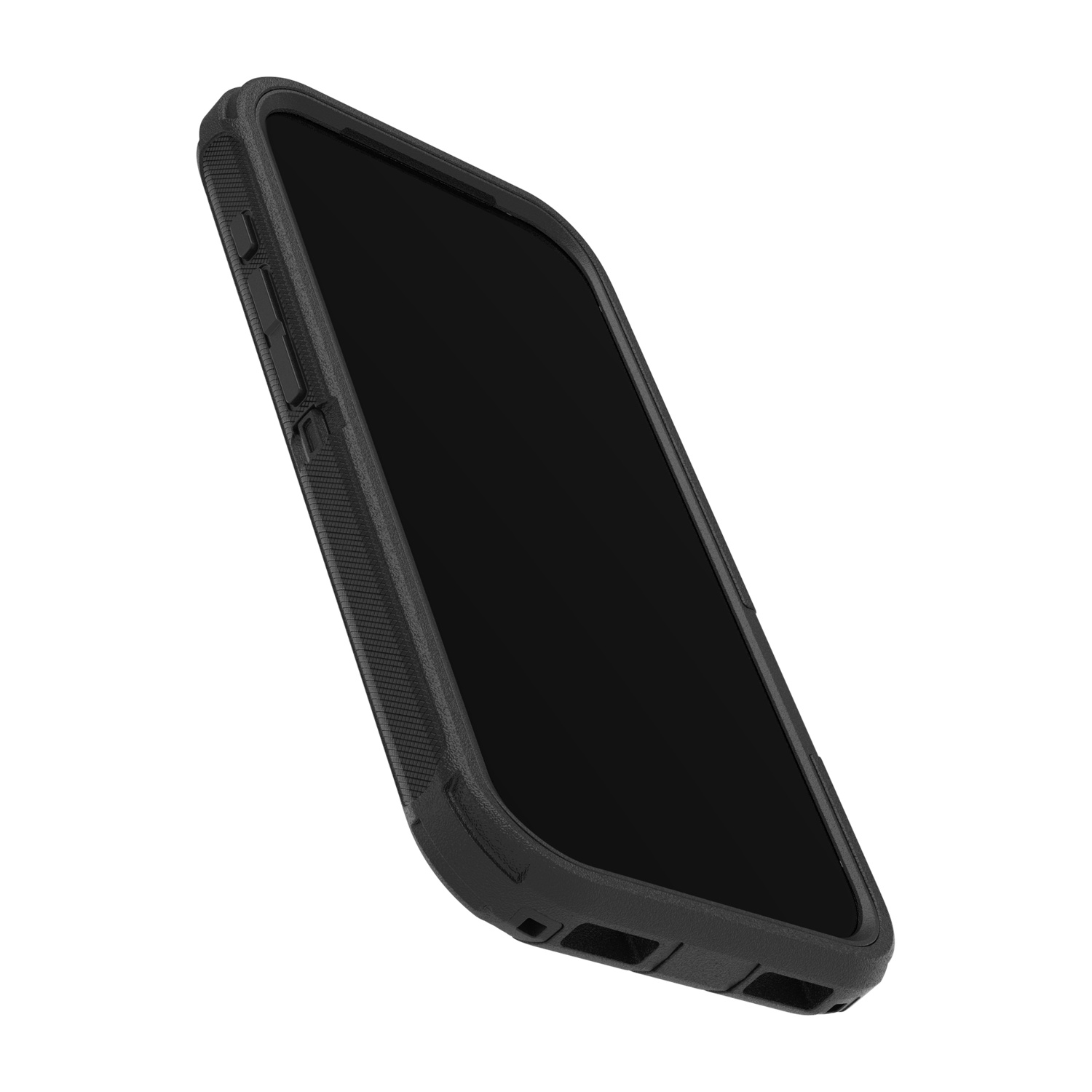 Smartphone nero in custodia protettiva, isolato su sfondo bianco.
