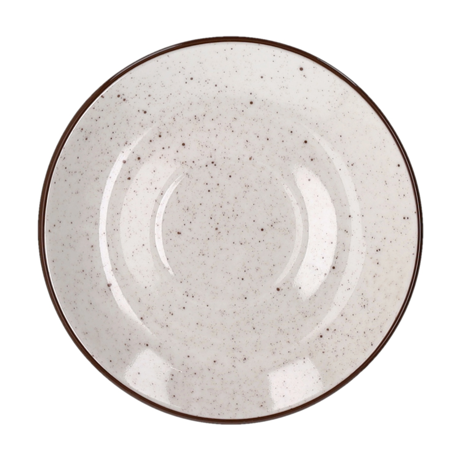 Un piatto color crema con macchie marroni e bordo marrone.
