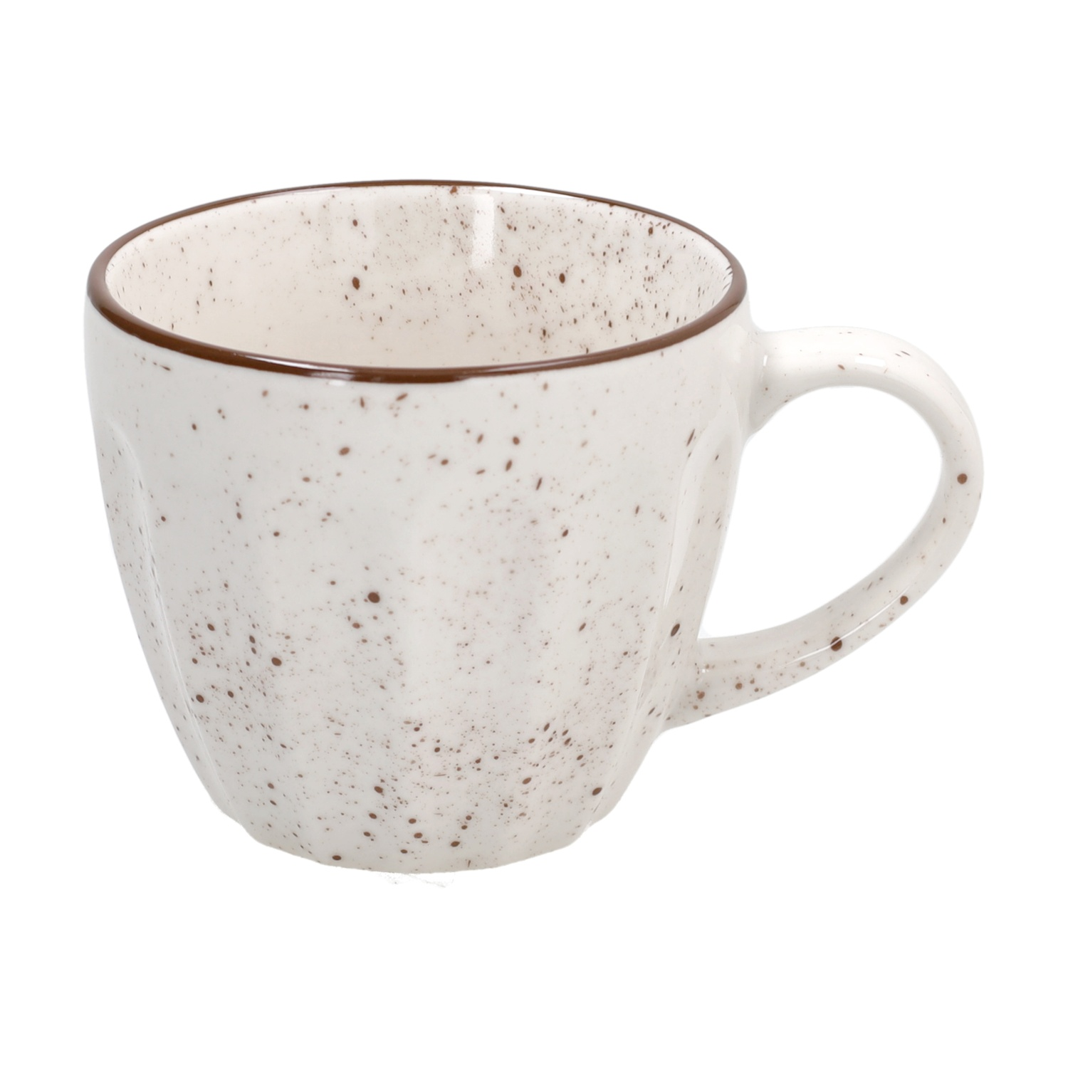 Una tazza in ceramica bianca con macchie marroni e bordo marrone.