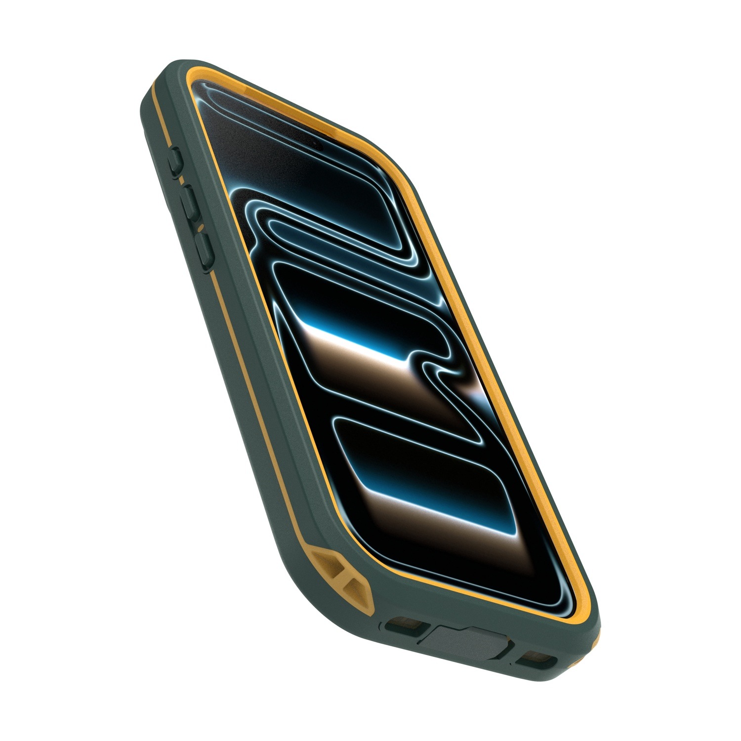 Custodia verde scuro per telefono con accenti gialli, vista dall'alto.