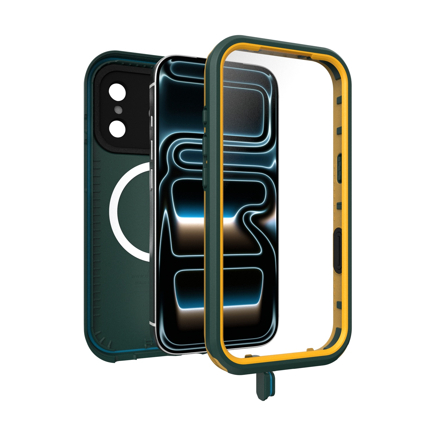 Una custodia per iPhone verde scuro e gialla con retro trasparente.
