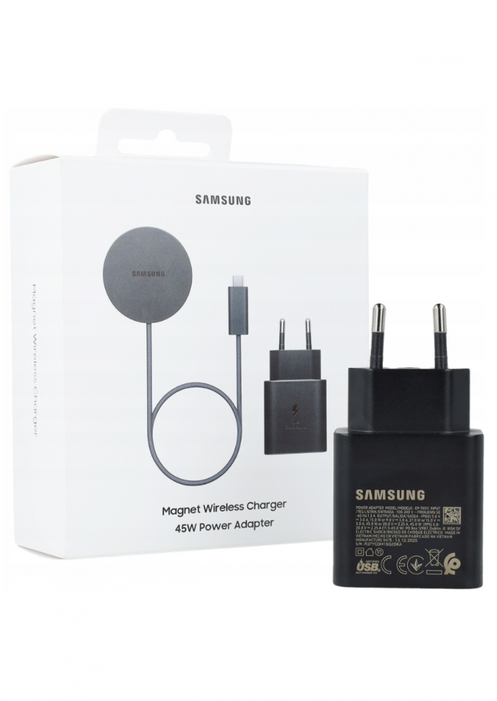 Samsung 45W hálózati adapter töltőkábellel és kör alakú vezeték nélküli töltővel.
