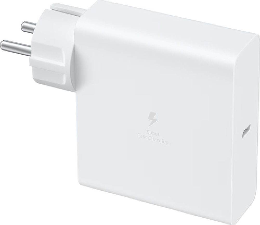 Fehér gyorstöltő adapter két tüskével és USB-C porttal.
