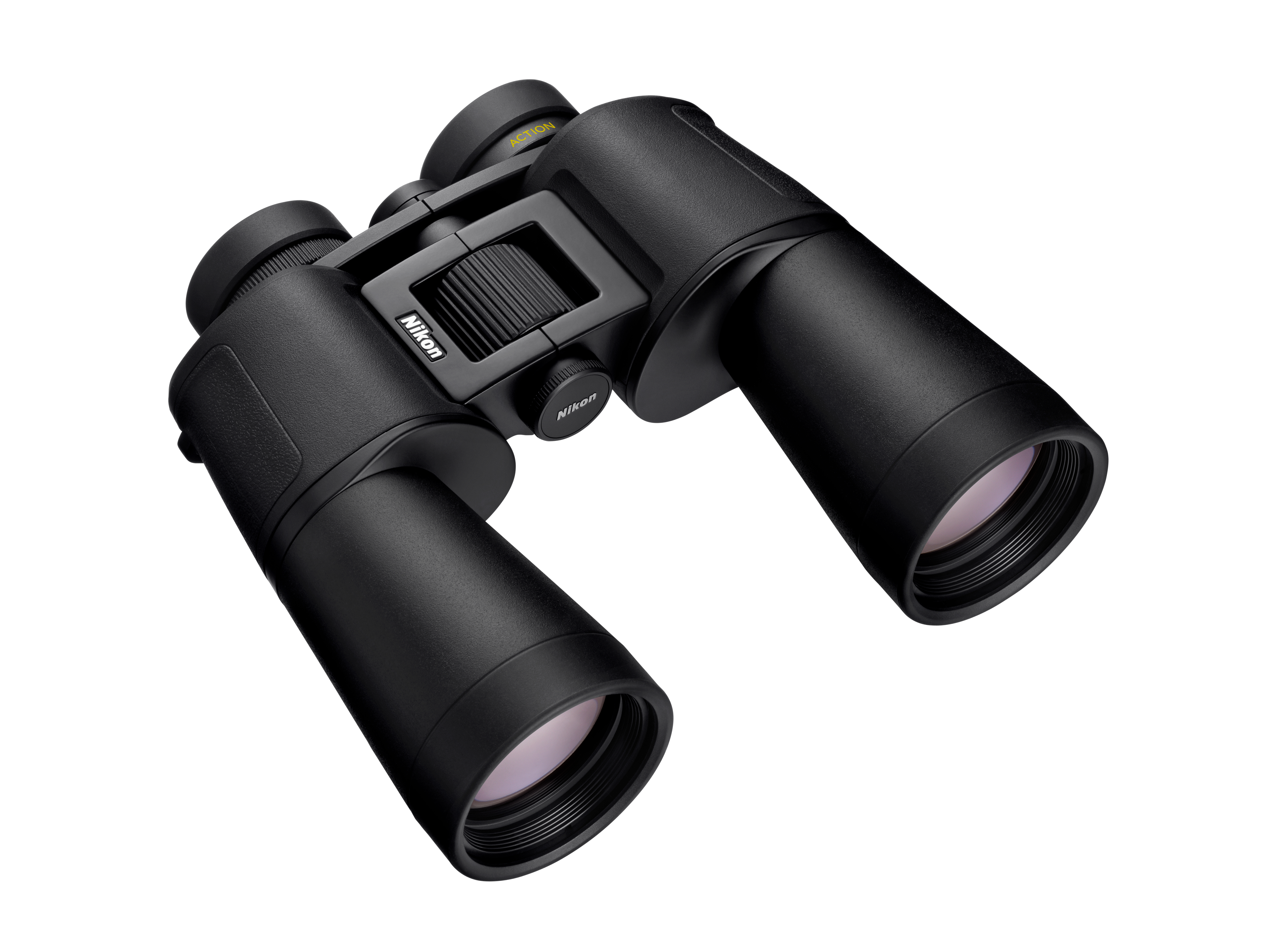 Schwarze Nikon-Fernglas mit Fokusrad und gelbem Schriftzug.