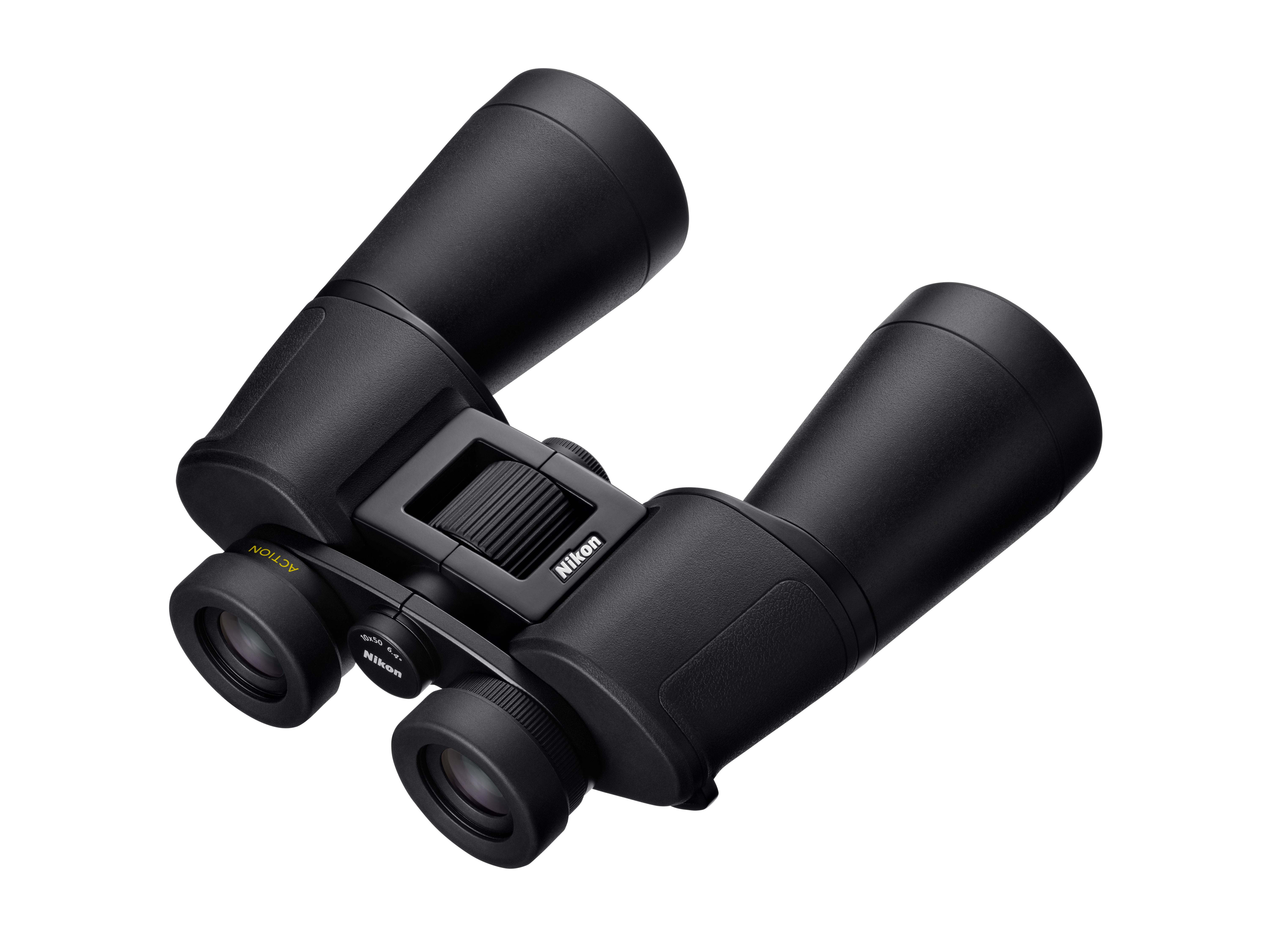 Schwarze Nikon Fernglas mit Fokusrad und Okularen, auf weißem Hintergrund.
