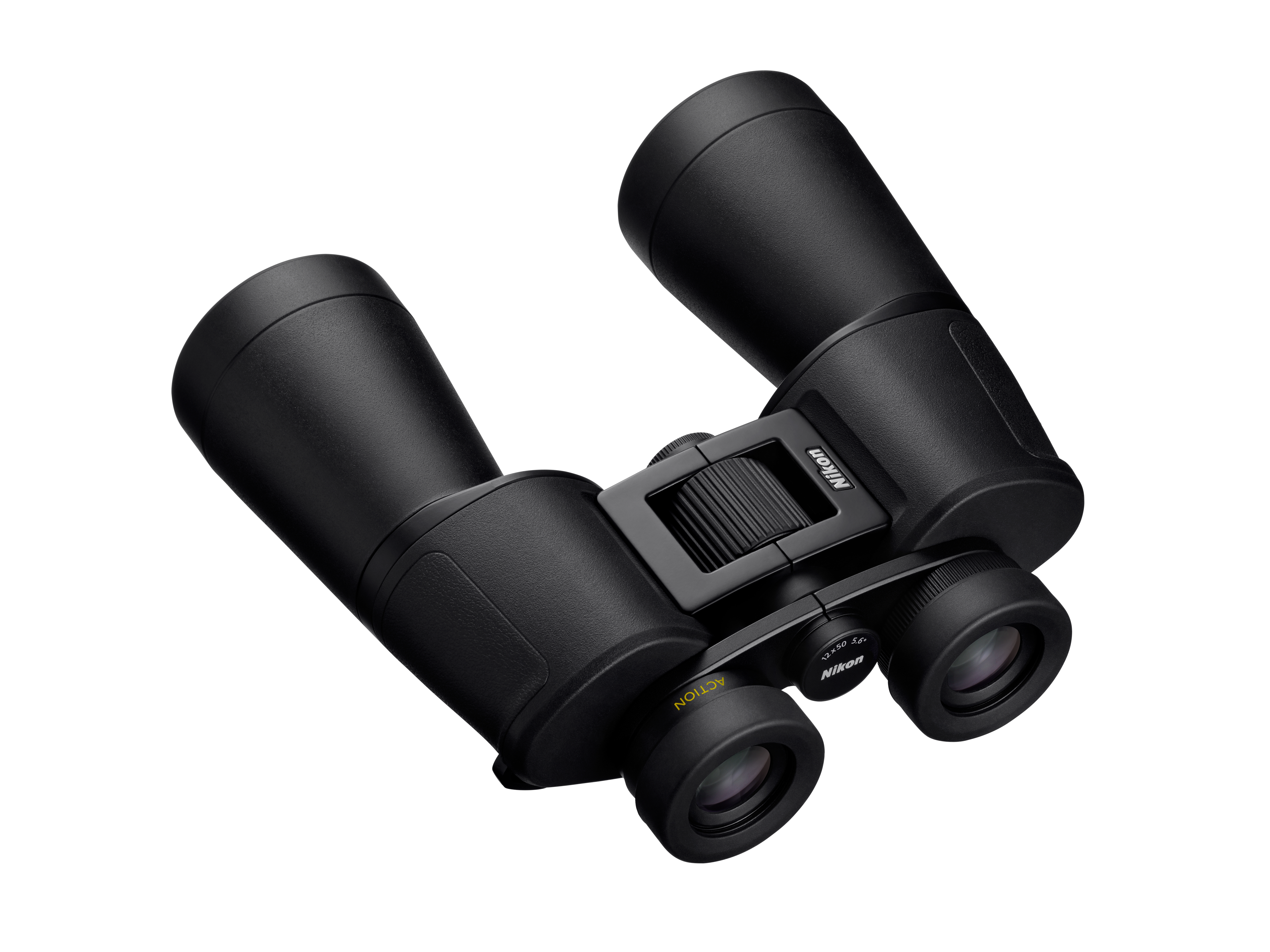Schwarze Nikon Ferngläser mit Fokusrad und Objektivdeckeln.