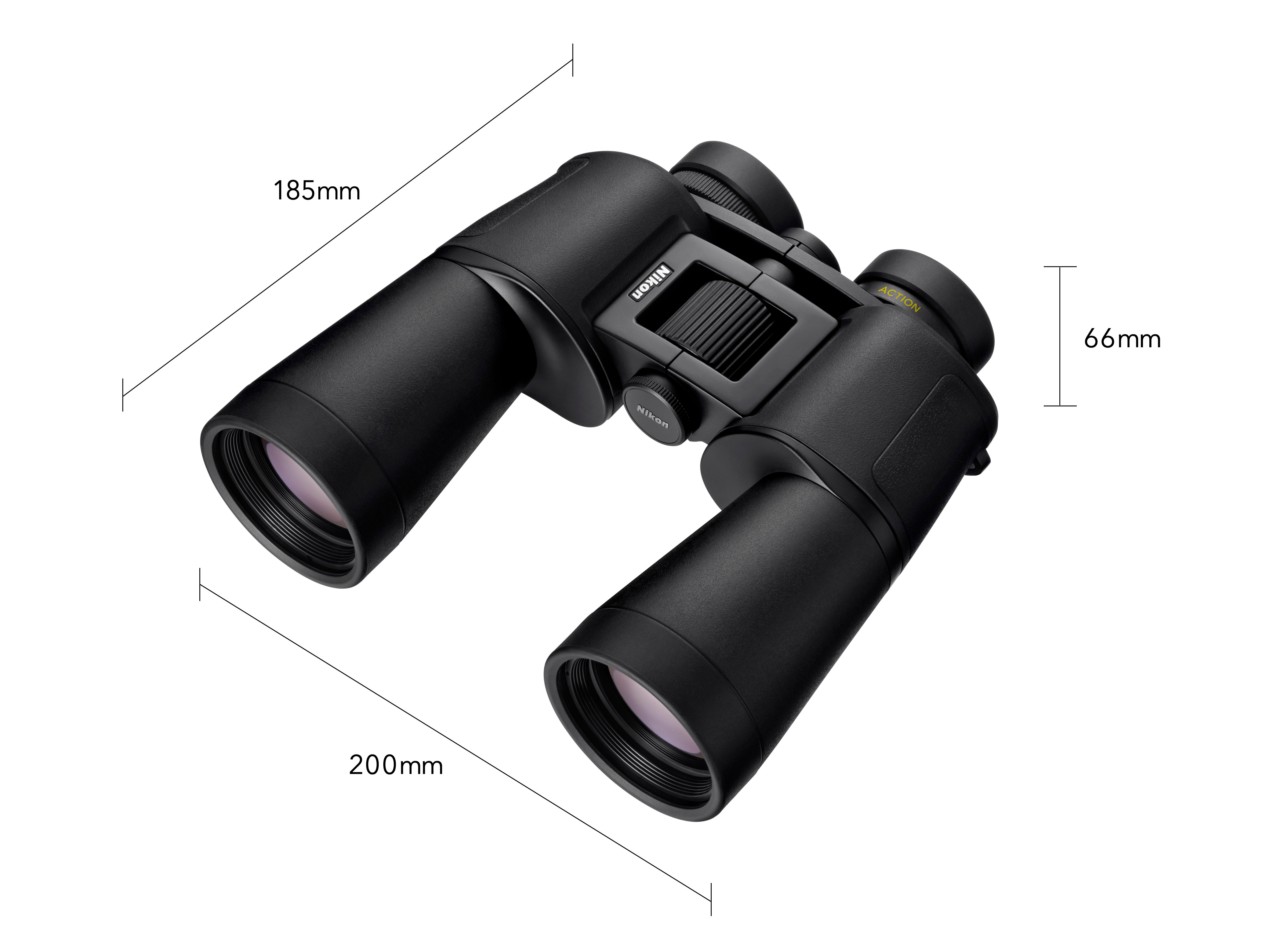 Schwarze Nikon Fernglas, 185mm lang, 66mm breit, 200mm tief.