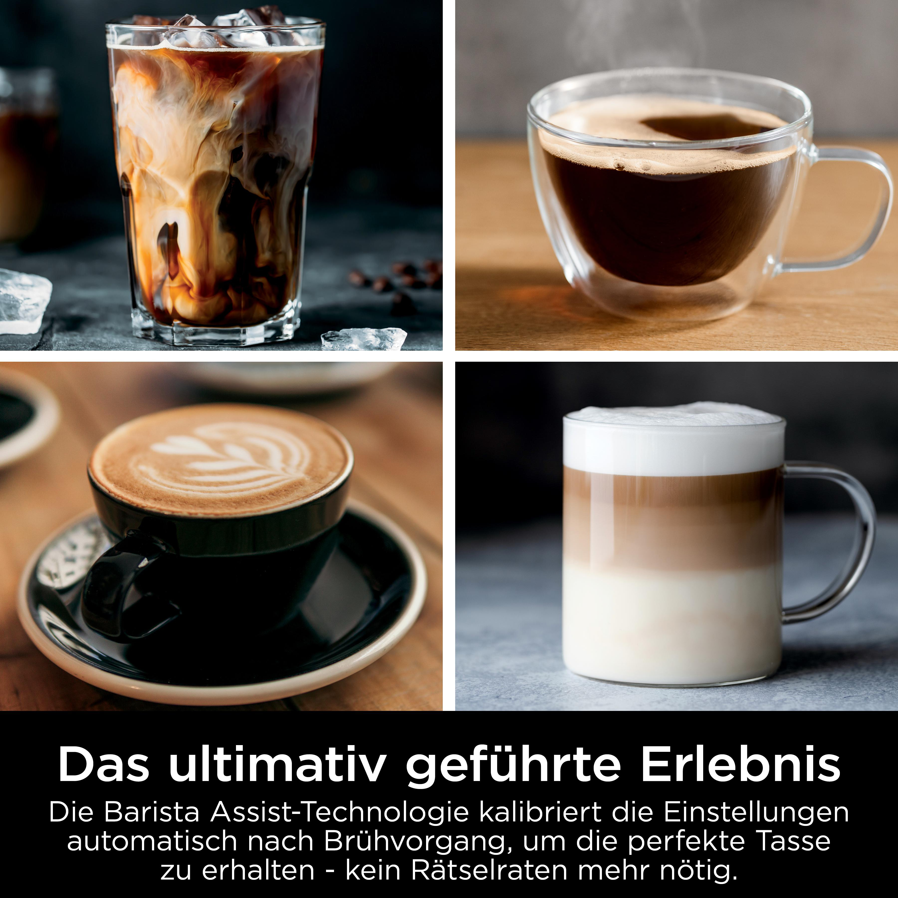 Vier Kaffeegetränke: Eiskaffee, Espresso, Latte Art, geschichteter Kaffee.