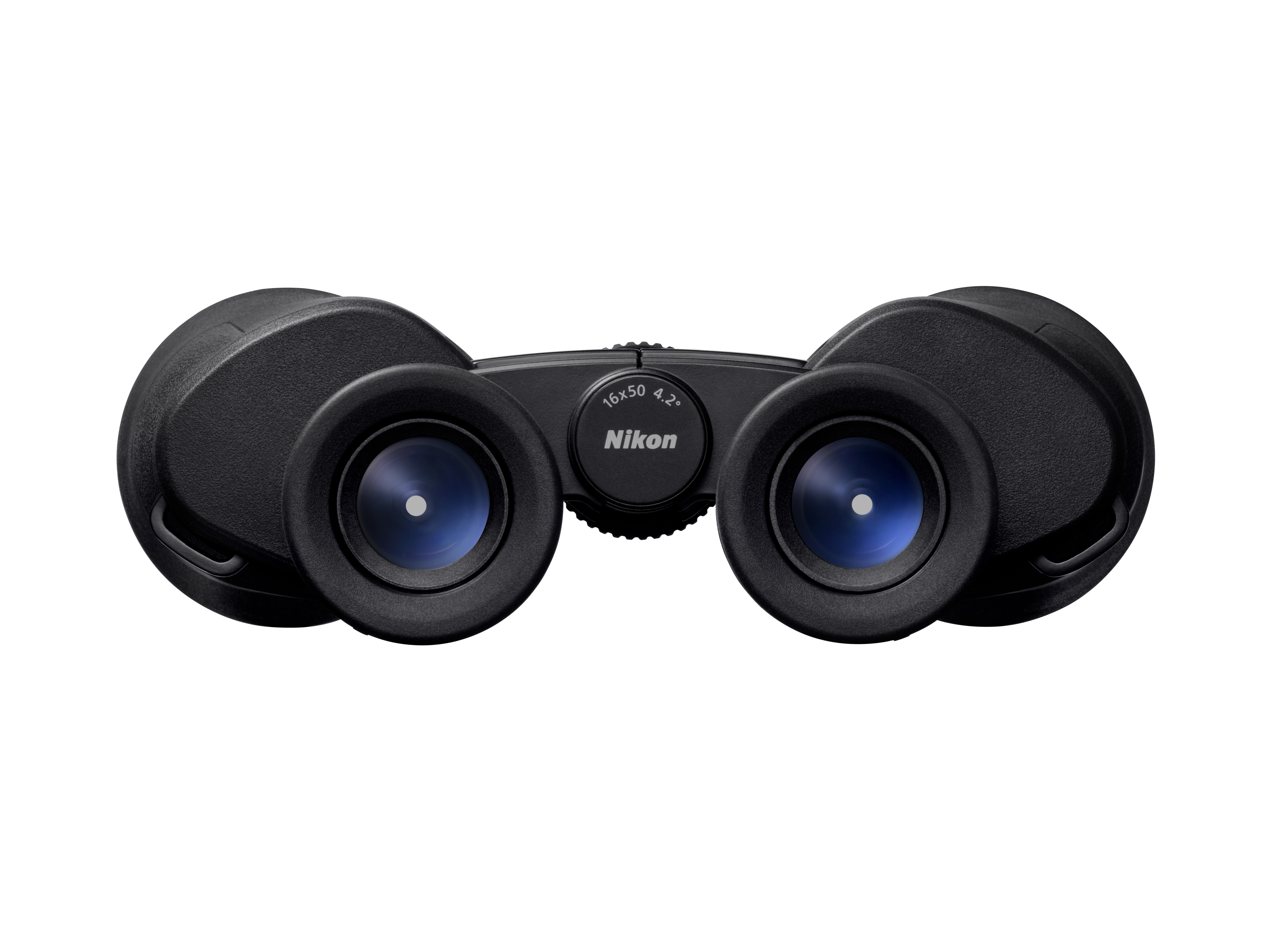 Schwarze Nikon Fernglas mit 16x50 Vergrößerung. Weißer Hintergrund.