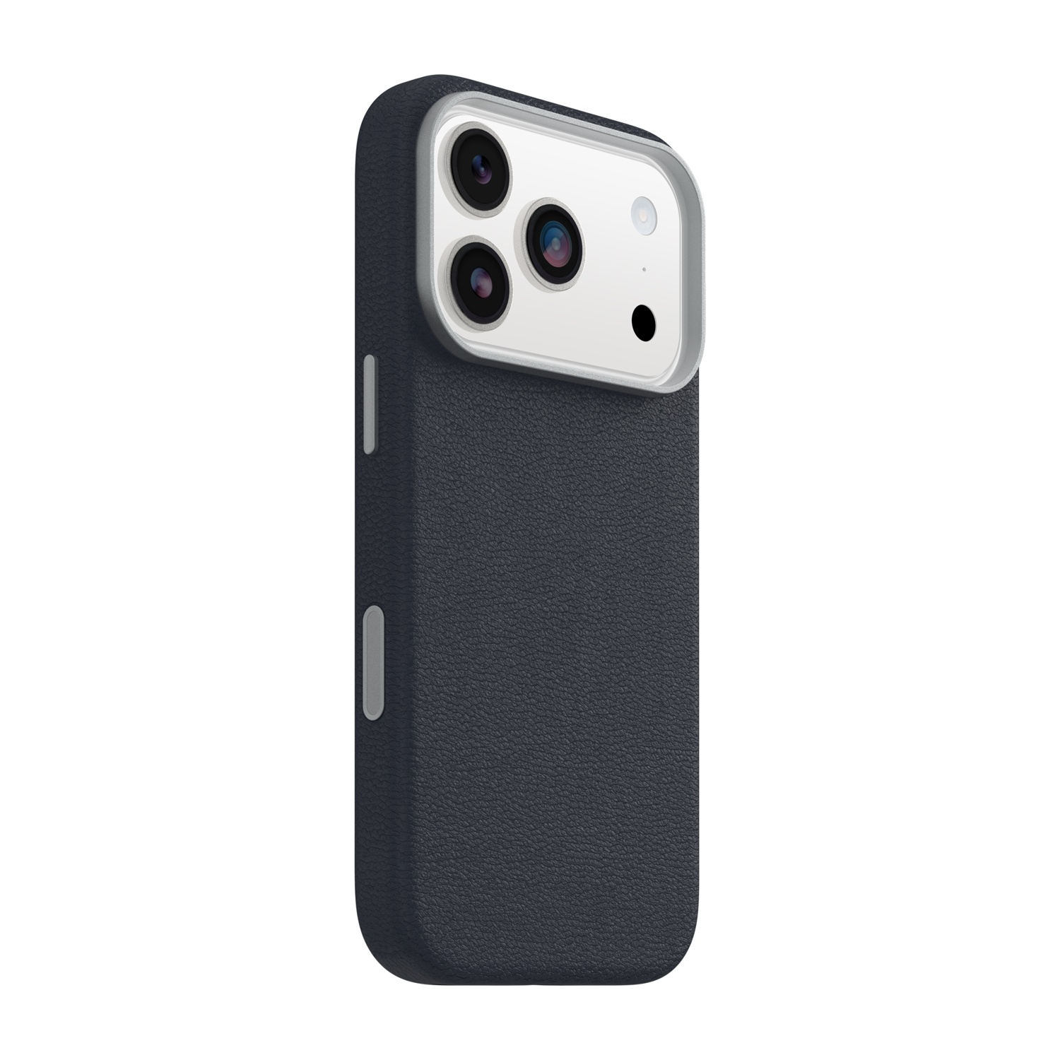 Custodia per telefono grigio scuro con tripla fotocamera e cornice argentata.
