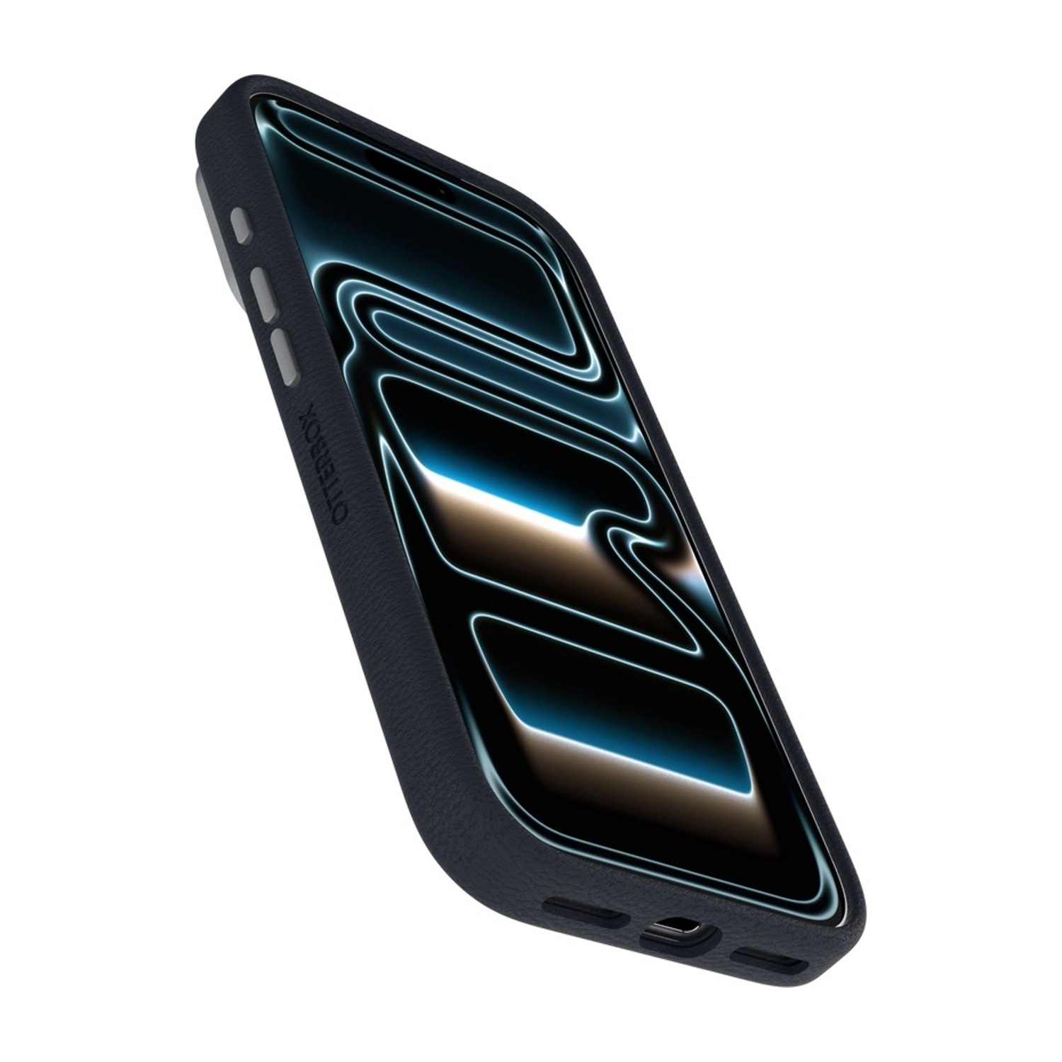 Uno smartphone scuro in custodia Otterbox su sfondo bianco.