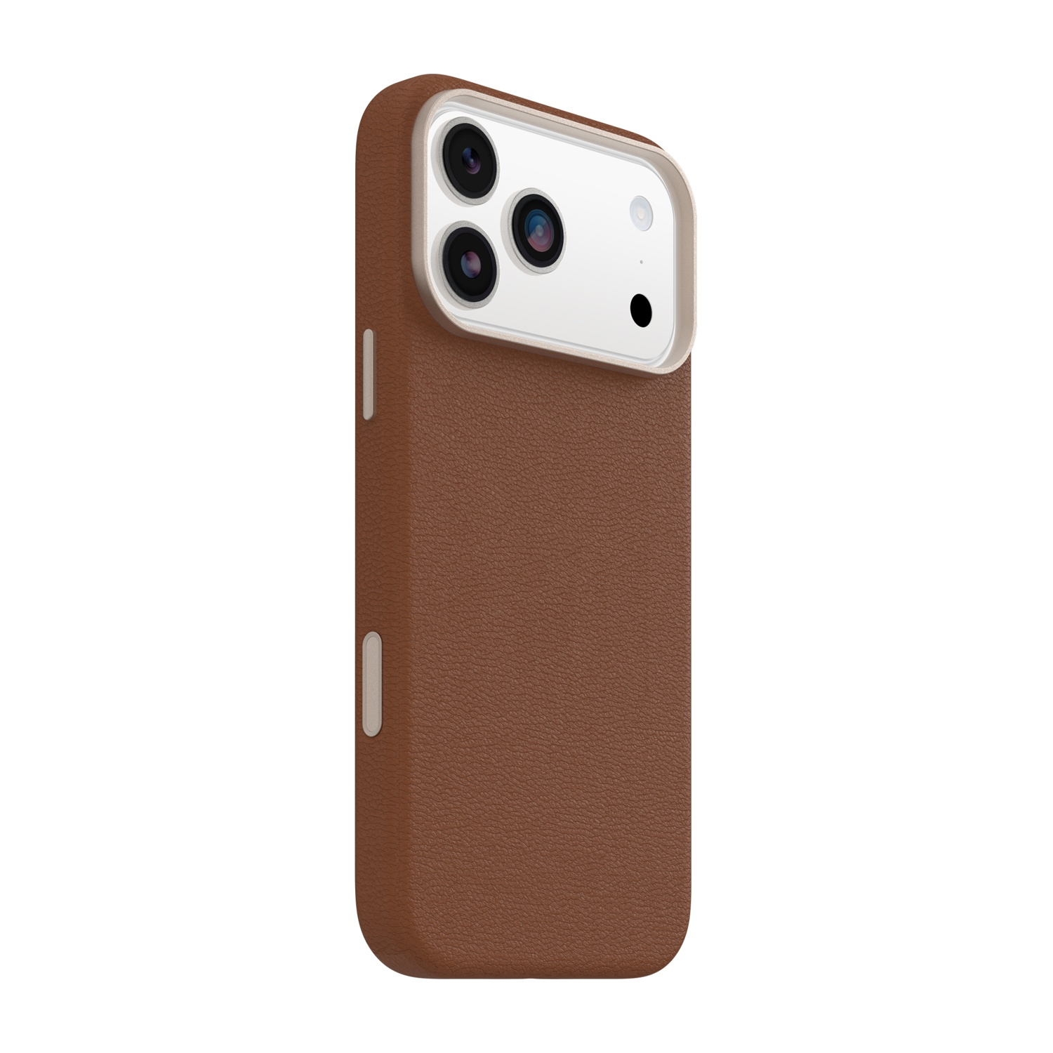 Custodia in pelle marrone per smartphone con tripla fotocamera.