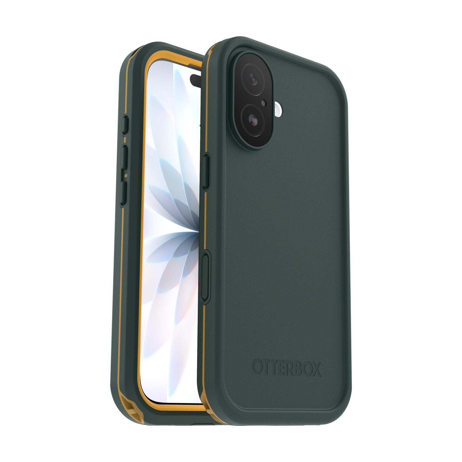 Custodia verde scuro con bordo dorato per smartphone su sfondo bianco.