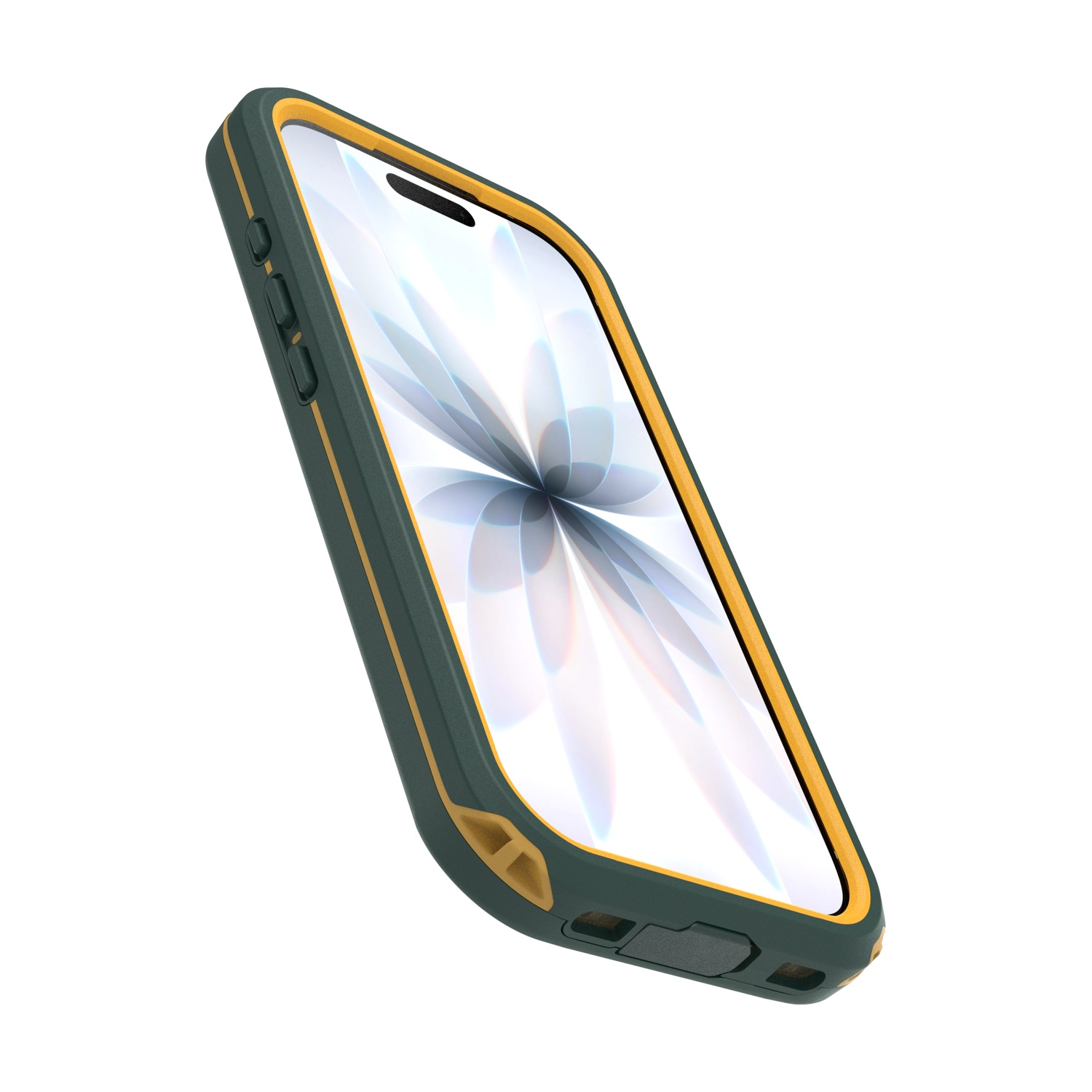Un telefono verde scuro con bordo giallo e un'immagine di sfondo bluastra.