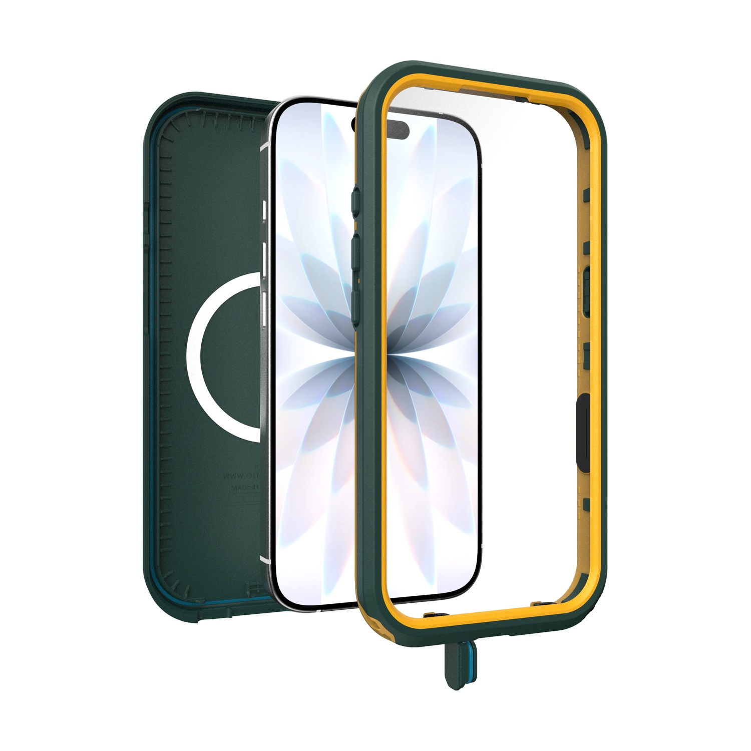 Una custodia per telefono smontata nei colori verde e giallo.