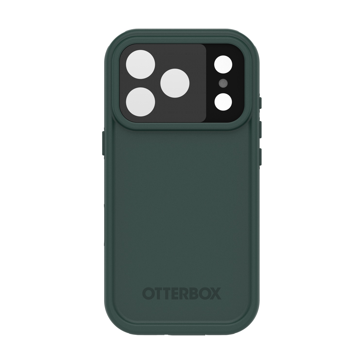 Custodia verde scuro per telefono con ritaglio tripla fotocamera e logo Otterbox.