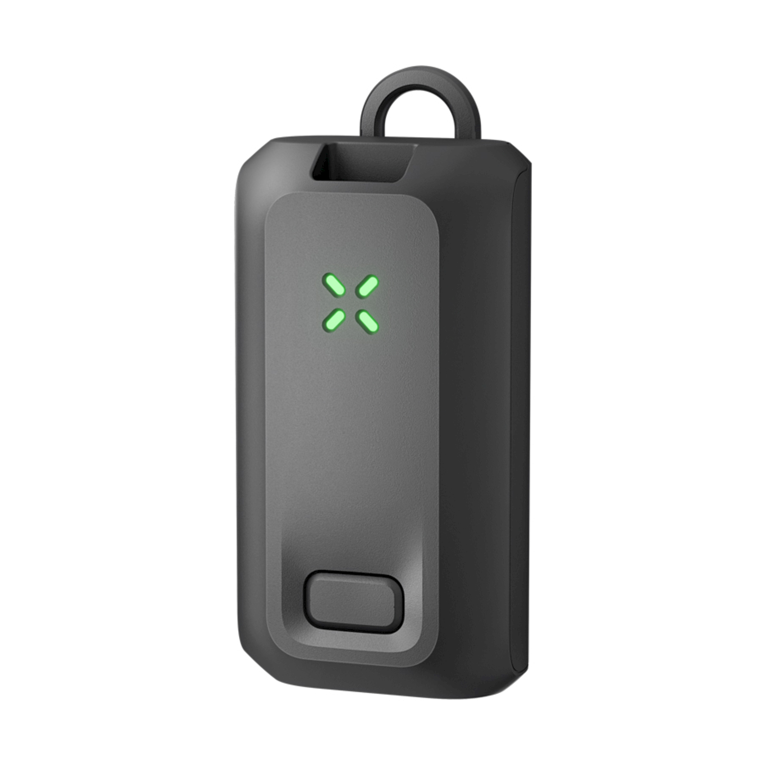 Un dispositivo rettangolare nero con un simbolo X verde e un pulsante.