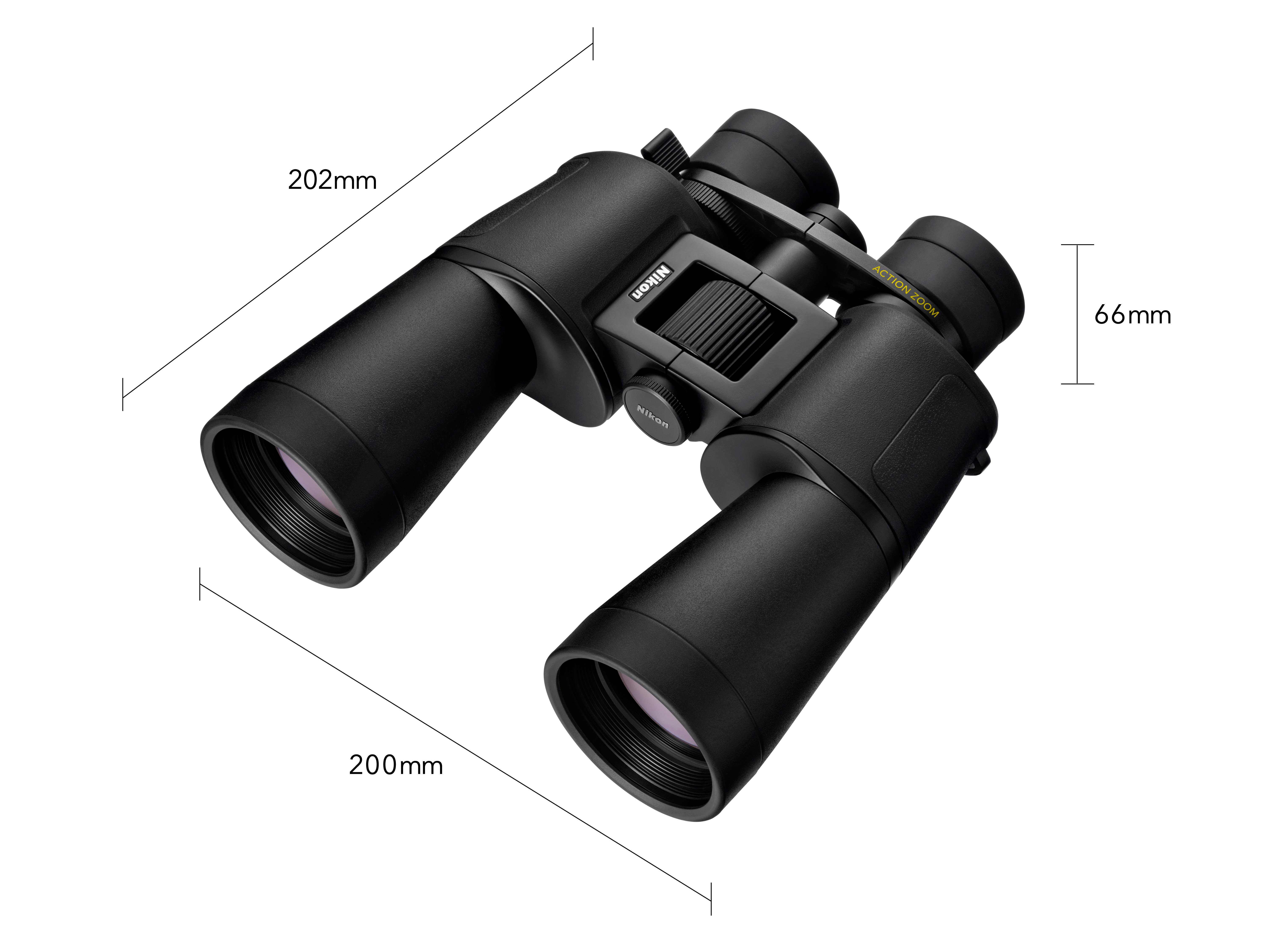 Schwarze Nikon Fernglas mit Größenangaben 200mm und 66mm.