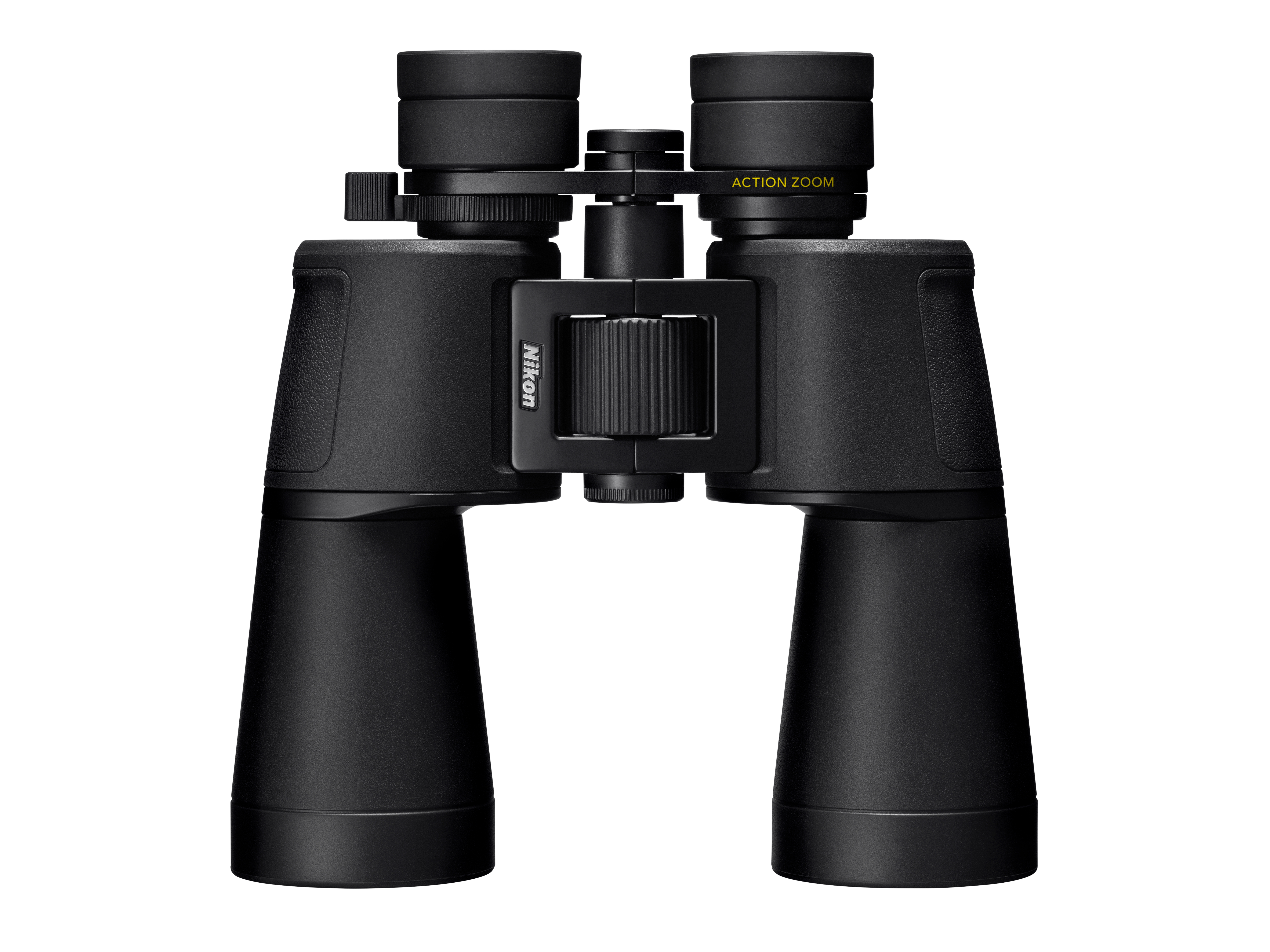 Schwarze Nikon Fernglas mit Fokussierrad und Zoom-Beschriftung.