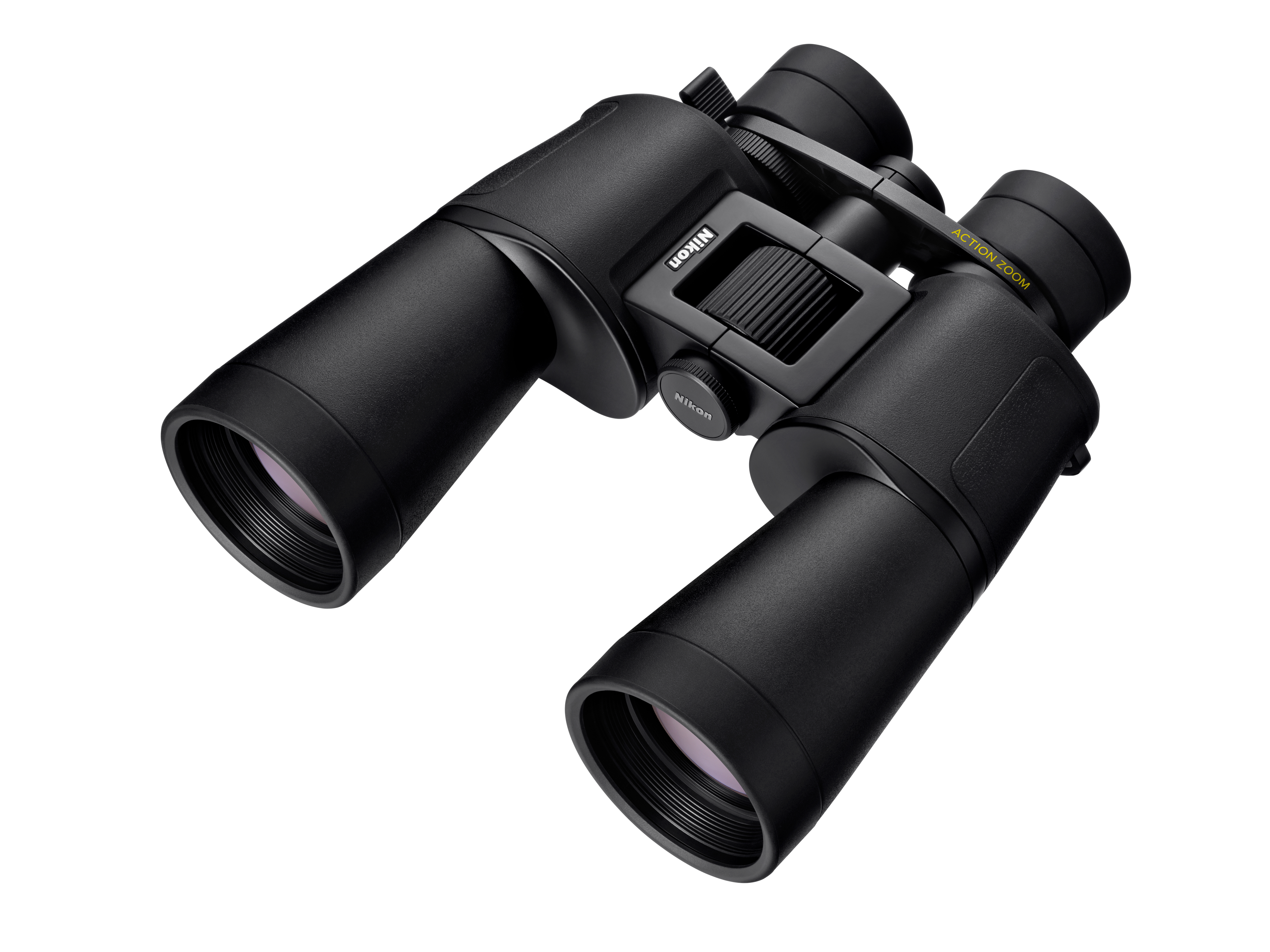 Schwarze Nikon Fernglas mit Fokusrad und Zoom-Beschriftung.